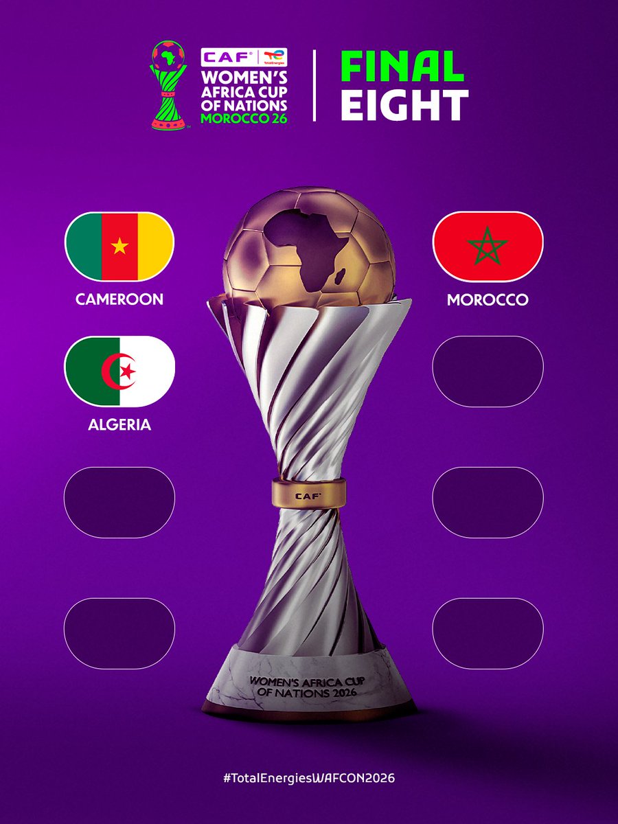 CAFwomen's tweet photo. 3/8 ✅

Who takes the next spot in the #TotalEnergiesWAFCON2026 quarter-finals? https://t.co/luxW49C8gB