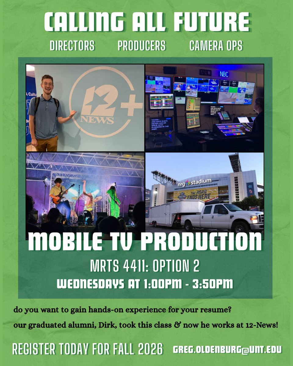 MediaArts_UNT's tweet photo. Earlier this year, we got to sit in on some of Professor Greg Oldenburg’s Mobile TV Production course. The class learned all about what it takes to produce a live show on a mobile truck and even invited guest speakers from the industry. https://t.co/LdME7T4oGZ