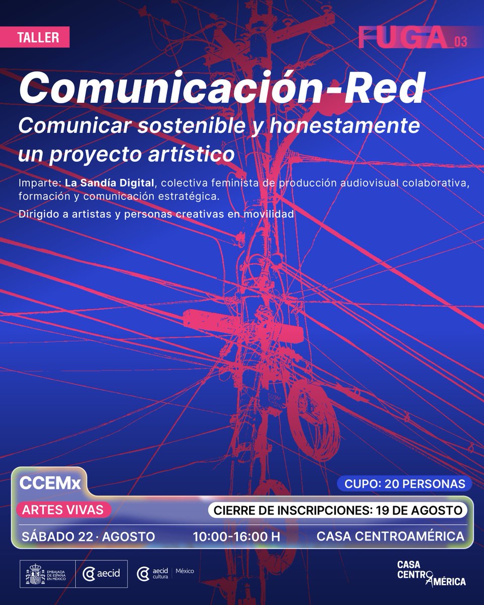 ccemx's tweet photo. 📱 ¿Y si comunicar tu proyecto fuera mucho más que publicar en redes sociales?

El taller de 𝗙𝘂𝗴𝗮_𝟬𝟯: 𝗖𝗼𝗺𝘂𝗻𝗶𝗰𝗮𝗰𝗶𝗼́𝗻-𝗥𝗲𝗱. 𝗖𝗼𝗺𝘂𝗻𝗶𝗰𝗮𝗿 𝘀𝗼𝘀𝘁𝗲𝗻𝗶𝗯𝗹𝗲 𝘆 𝗵𝗼𝗻𝗲𝘀𝘁𝗮𝗺𝗲𝗻𝘁𝗲 𝘂𝗻 𝗽𝗿𝗼𝘆𝗲𝗰𝘁𝗼 𝗮𝗿𝘁𝗶́𝘀𝘁𝗶𝗰𝗼 propone una mirada práctica sobre cómo construir estrategias de comunicación que fortalezcan tus proyectos, generen comunidad y permitan compartir tu trabajo sin depender únicamente del algoritmo.

👩‍🏫 Imparten: La Sandía Digital. 

Dirigido a: artistas y personas creativas en movilidad.

Inscripciones en https://t.co/W4TeFCXcEK

Una iniciativa de Casa Centroamérica, en colaboración con el Centro Cultural de España en México.

@centroamericamx @LaSandiaDigital