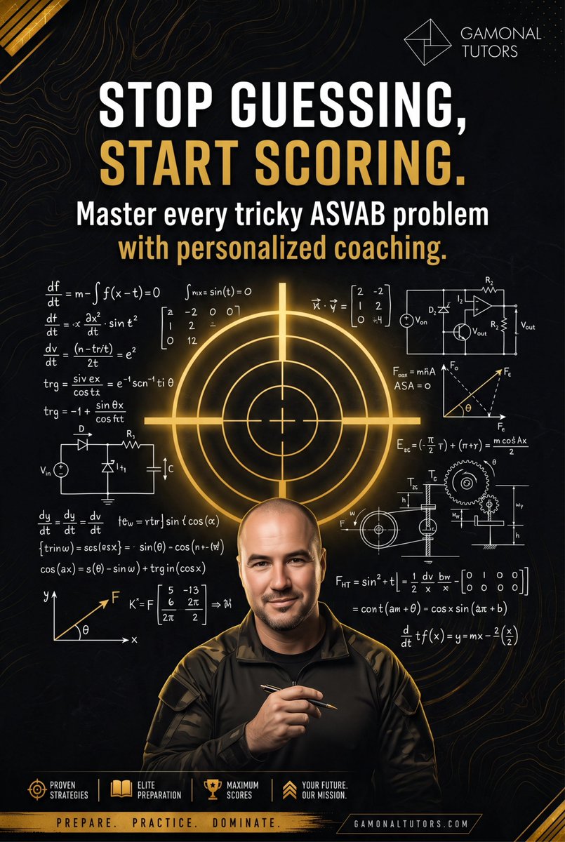 gamonalm21's tweet photo. Stop guessing. Start scoring. 🎯 From arithmetic to electronics, mechanical comprehension to word knowledge — master every tricky ASVAB subtest with personalized coaching built around YOU.

#ASVABTutoring #StopGuessingStartScoring #ASVABMath https://t.co/1VFweaDvq8