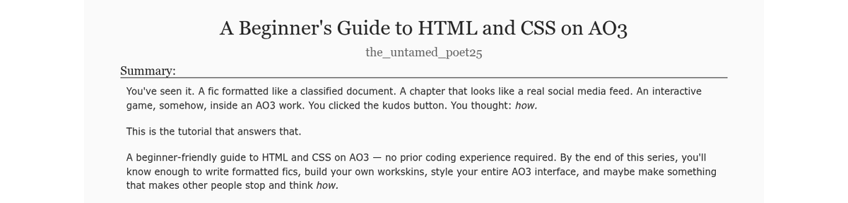 the_tamed_poet's tweet photo. Hey friends! I just posted Chapter 9 of my beginner-friendly AO3 coding tutorial!

This chapter is about Drop Caps: how to create, position, &amp; style them with borders, shadows, colors, and more. Make your opening paragraphs a little prettier! <3

Link: https://t.co/dkudJer3MO https://t.co/wC40jXMndc