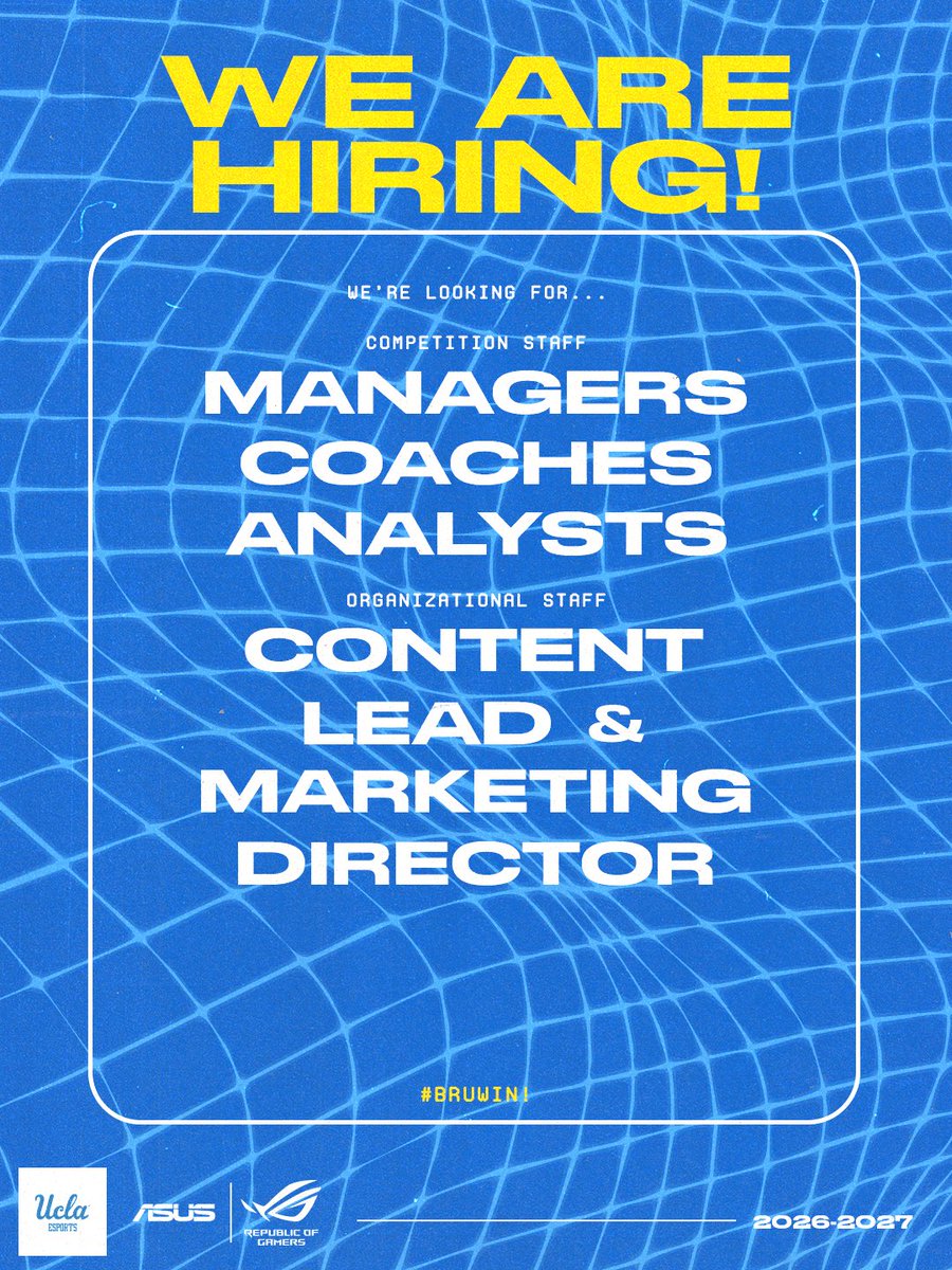 UCLAEsports's tweet photo. 📢 WE ARE HIRING ‼️✨

UCLA Esports wants YOU to join our organization! 

Whether you’re good at coaching players, booking scrims, analyzing gameplay, or making amazing content to attract viewers, there’s a place for you at UCLA Esports!

Links to apply below ⬇️⬇️ https://t.co/XL0BlMbpNa