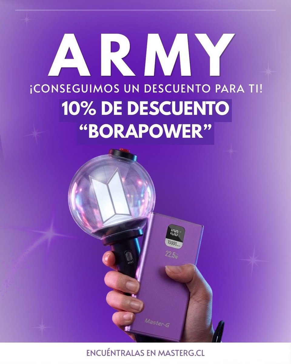 ConnectedBts's tweet photo. 🔋💜 ¡ARMY, tenemos un beneficio especial para ustedes! 💜🔋

Sabemos que nadie quiere quedarse sin batería en plena fila, evento o concierto. Por eso, junto a Master-G, conseguimos un 10% de descuento en sus baterías portátiles.

✨ Solo debes usar el código: BORAPOWER al momento de tu compra.

¡Prepárate para vivir cada momento sin preocuparte por la carga de tu celular! 💜

📍 Compra en https://t.co/XKRjQuqkAp
🎟️ Código: BORAPOWER
💜 10% de descuento
