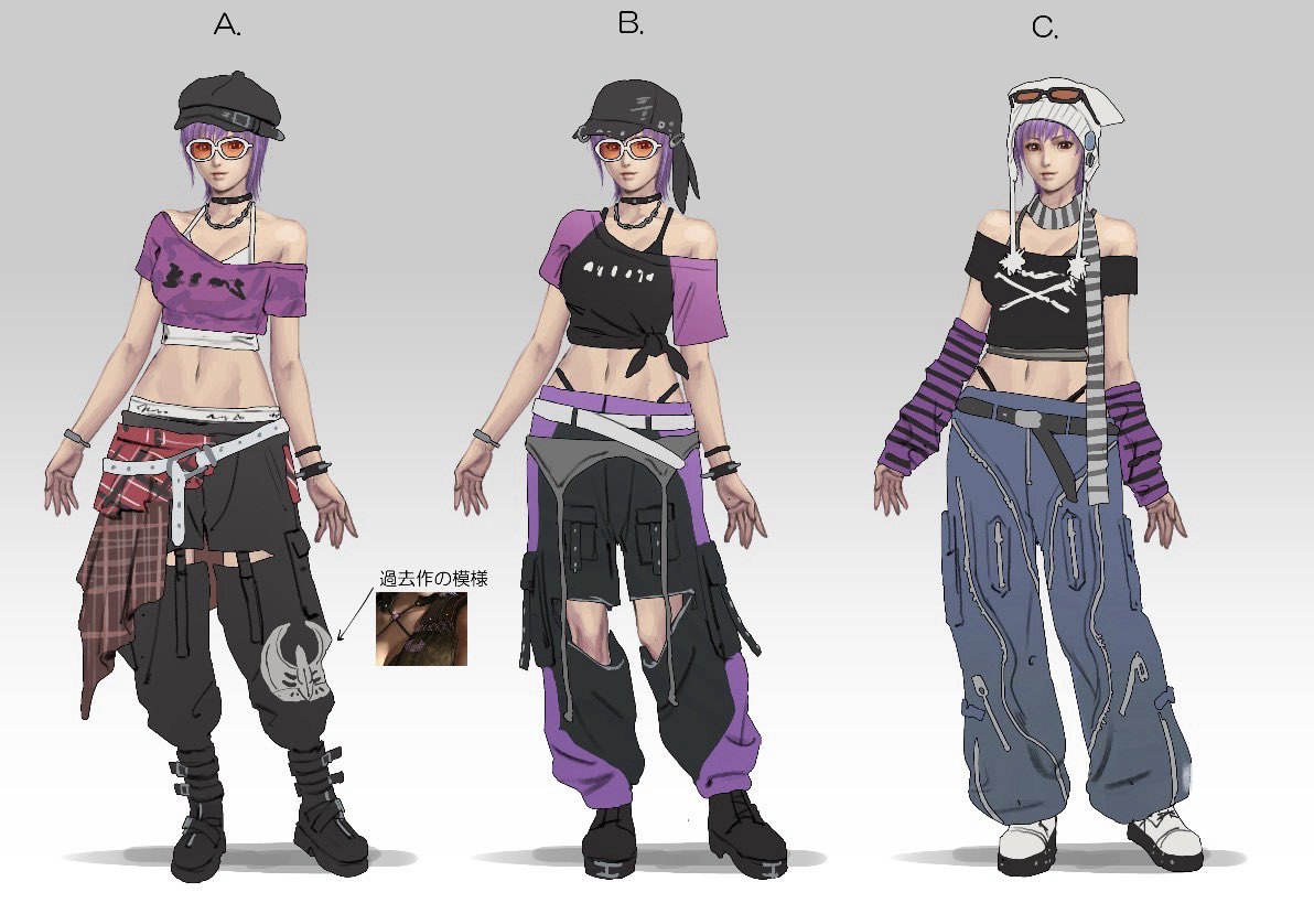 oirandrive's tweet photo. 「ʚɞ Behind Ayane's new #DOA6LR outfit」

Ayane has worn many different outfits throughout the series. In addition to the combat ones, she also has a wide variety of casual clothes.

One consistent aspect of her style is that she looks especially good in what you might call “street fashion.” With that in mind, our goal this time was to take that direction as far as possible while staying true to Ayane’s personality. We believe the result is a costume that is modern, cool and cute, but above all conveys a sense of strength that no one can match, a look that feels unmistakably like Ayane.

Q: What is the concept behind the costume’s name?

All of the names are taken from Ayane’s move names. The title, “Remaining Shadow”, reflects the image of leaving a lasting impression on anyone who sees her on the streets. Likewise, each individual costume name is based on one of Ayane’s techniques, with words chosen to best match the style and feel of that particular outfit.

Q: What aspects did you put the most effort into, and what would you especially like players to notice?

The long scarf, the decorative cloth around her waist, and many other parts of the outfit sway naturally with her quick movements, making it fun to watch in motion. 

In DOA6, players can also freely change hairstyles (including hats) and glasses. Since this was a great opportunity, we created some new variations for Ayane by adding a knit cap and a pair of bold, distinctive sunglasses to the design. We hope you’ll have fun mixing and matching the different customization options!