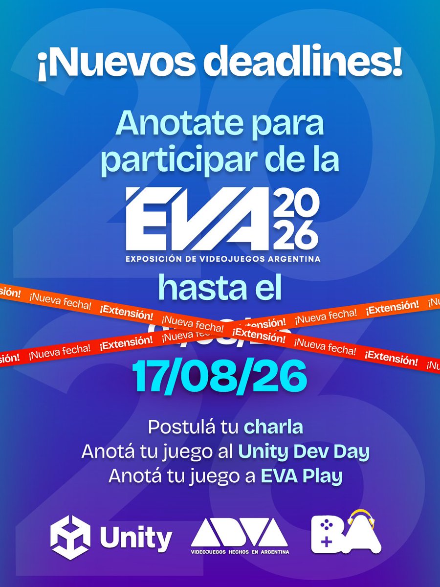 adva_vg's tweet photo. 📢 ¡Hay extensión! Todavía estás a tiempo de sumarte a la #EVA2026:

➡️ Anotá tu juego a EVA Play
➡️ Anotá tu juego al Unity Dev Day
➡️ Postulá tu charla

📌 Nuevo límite para todo: 17/08

¡Formularios en el link de nuestro perfil!

#EVAPlay #UnityDevDay #GameDev #Videojuegos https://t.co/MEv57yuFl3