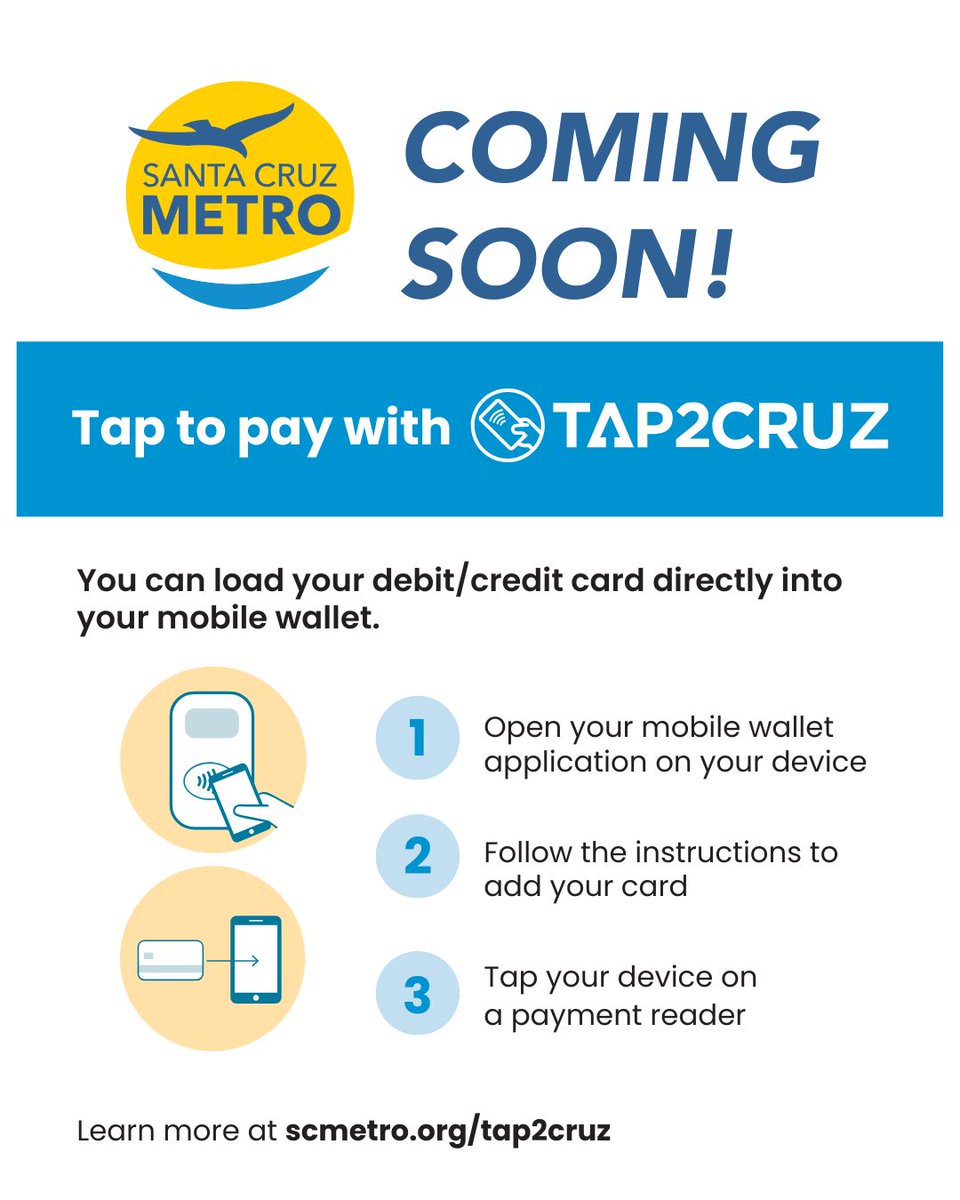 SantaCruzMETRO's tweet photo. Big news is on the way 🚍💳 Tap2Cruz is coming soon! Our new, easy way to pay your fare with just a tap. Simple, fast, and ready to make riding METRO even more convenient. Stay tuned for details and get ready to tap into a smoother ride across Santa Cruz County! 🌊✨ #transit https://t.co/ZIrAsd70zM