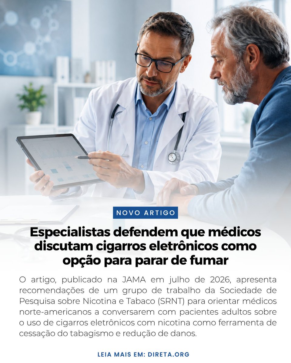 Direta_org's tweet photo. 🩺 Novo documento publicado na JAMA recomenda que médicos discutam os cigarros eletrônicos como uma das opções para fumantes adultos que desejam parar de fumar. Os autores ressaltam que esses produtos não são isentos de riscos, mas que as evidências atuais apoiam sua discussão em uma abordagem individualizada e baseada em ciência.  

Leia a matéria completa no DIRETA:  https://t.co/5jPDM4xaFJ 

. 

#Tabagismo #SaúdePública #MedicinaBaseadaEmEvidências #CessaçãoDoTabagismo #PesquisaCientífica #ReduçãoDeDanos #JAMA #Saúde