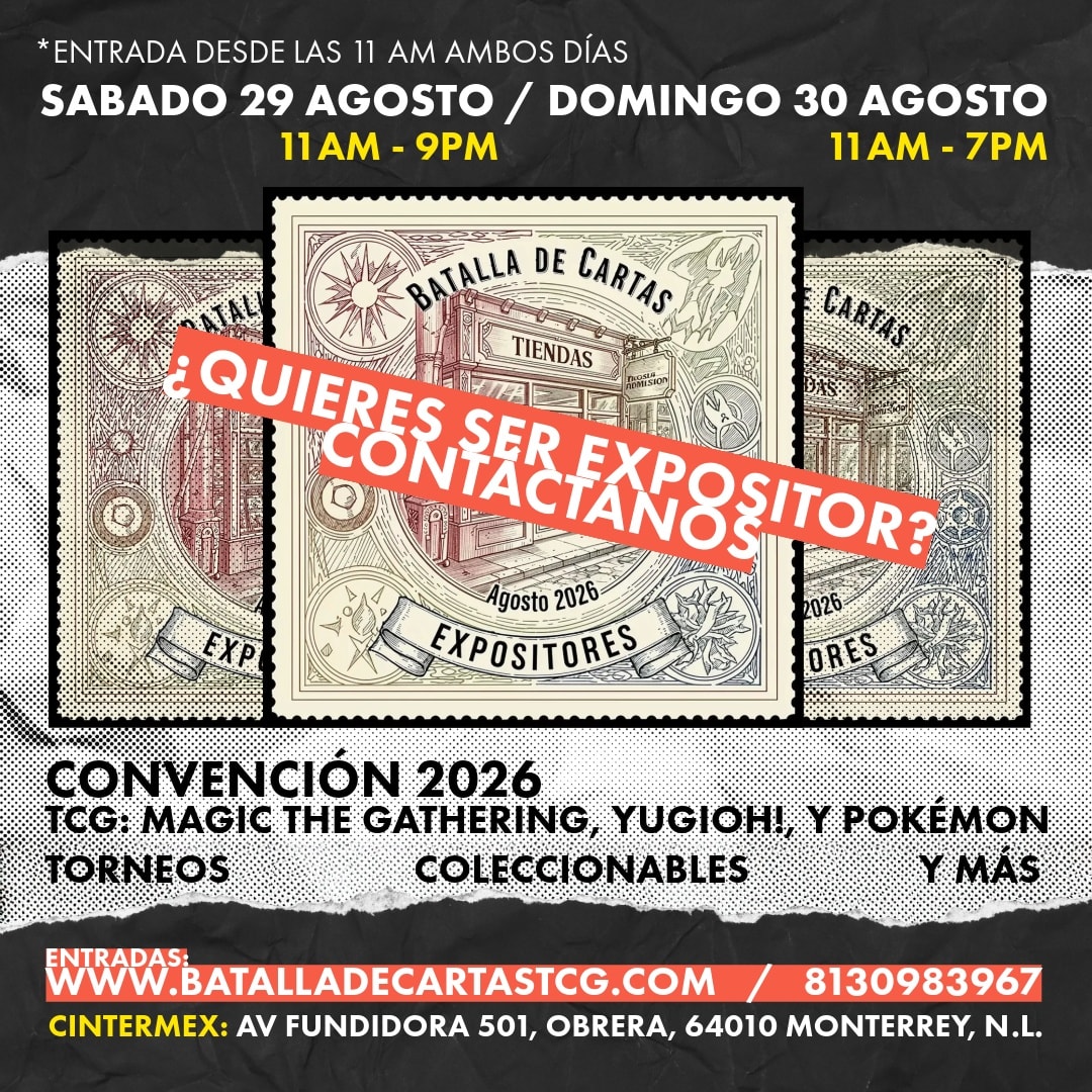BatallaDeCartas's tweet photo. 🎪¿Quieres ser Expositor en Batalla de Cartas?
¿Estás buscando un precio justo y un lugar donde el público interesado en tu sector este presente en uno de los lugares más emblemáticos de Monterrey?
🎴¿Vendes TCG/Coleccionables/ arte ?
Esta es la convención hecha para ti.
📲Contáctanos al 8130983967 o escríbenos a batalladecartastcg@gmail.com
.
.
#tcg #mtg #pokemon #evento #mty #agosto #Cintermex #monterrey