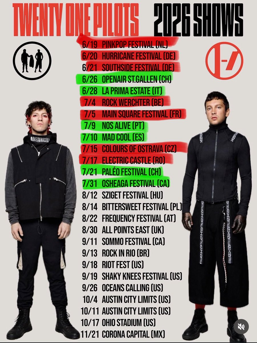 shrinktonothing's tweet photo. smart clikkies, i marked the shows at which tyler wore that vest over the jumpsuit jacket and at which shows he didnt. is it lore or is it coincidence https://t.co/dXUhCt7ahm