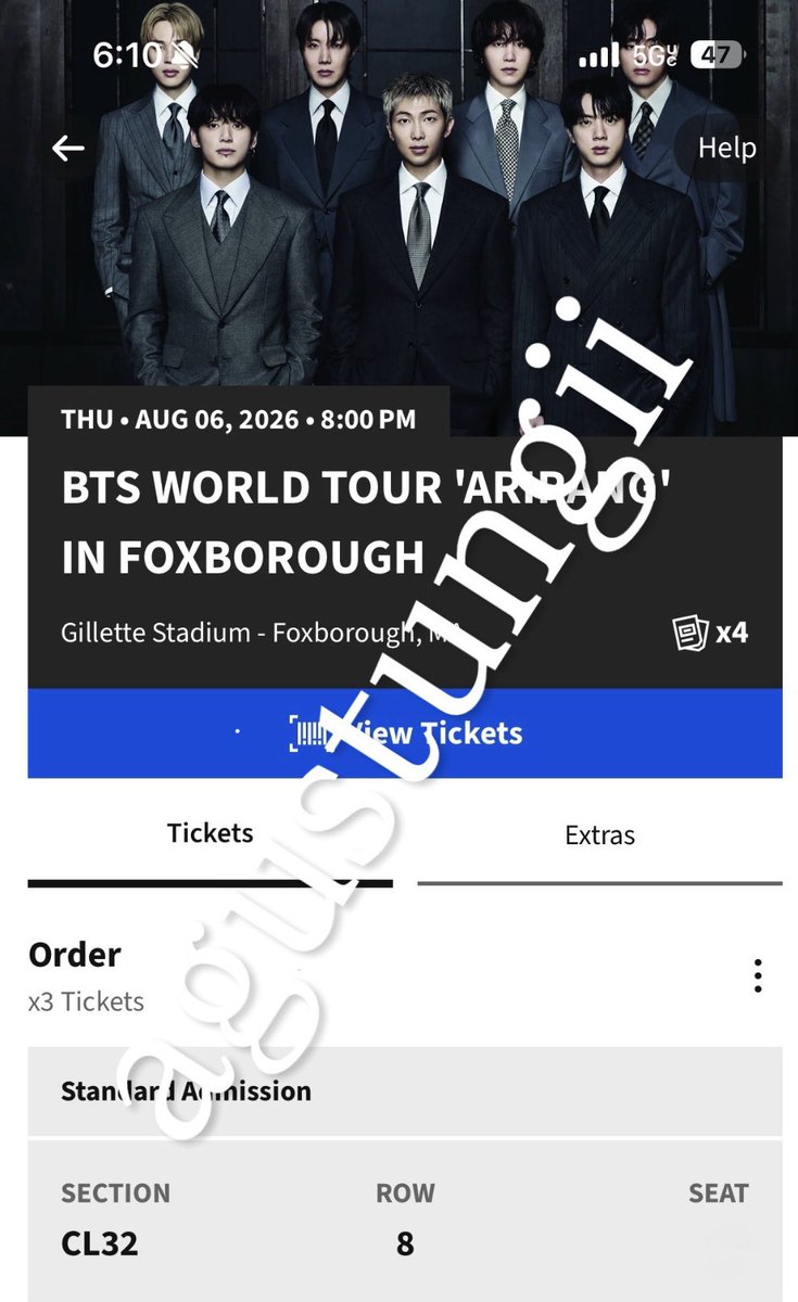 agustungii's tweet photo. WTS ONE (1) BTS ARIRANG FOXBOROUGH DAY 2 AUG 6 (8/6) TICKET AT GILLETTE STADIUM

Sec CL32, Row 8 (dm for seat)
price: $250 (under FV, originally $293)
willing to negotiate, just want these off my hands!! 

#875tickets @875tickets #BTS_ARİRANG #bts https://t.co/BfzPOZ1iUM
