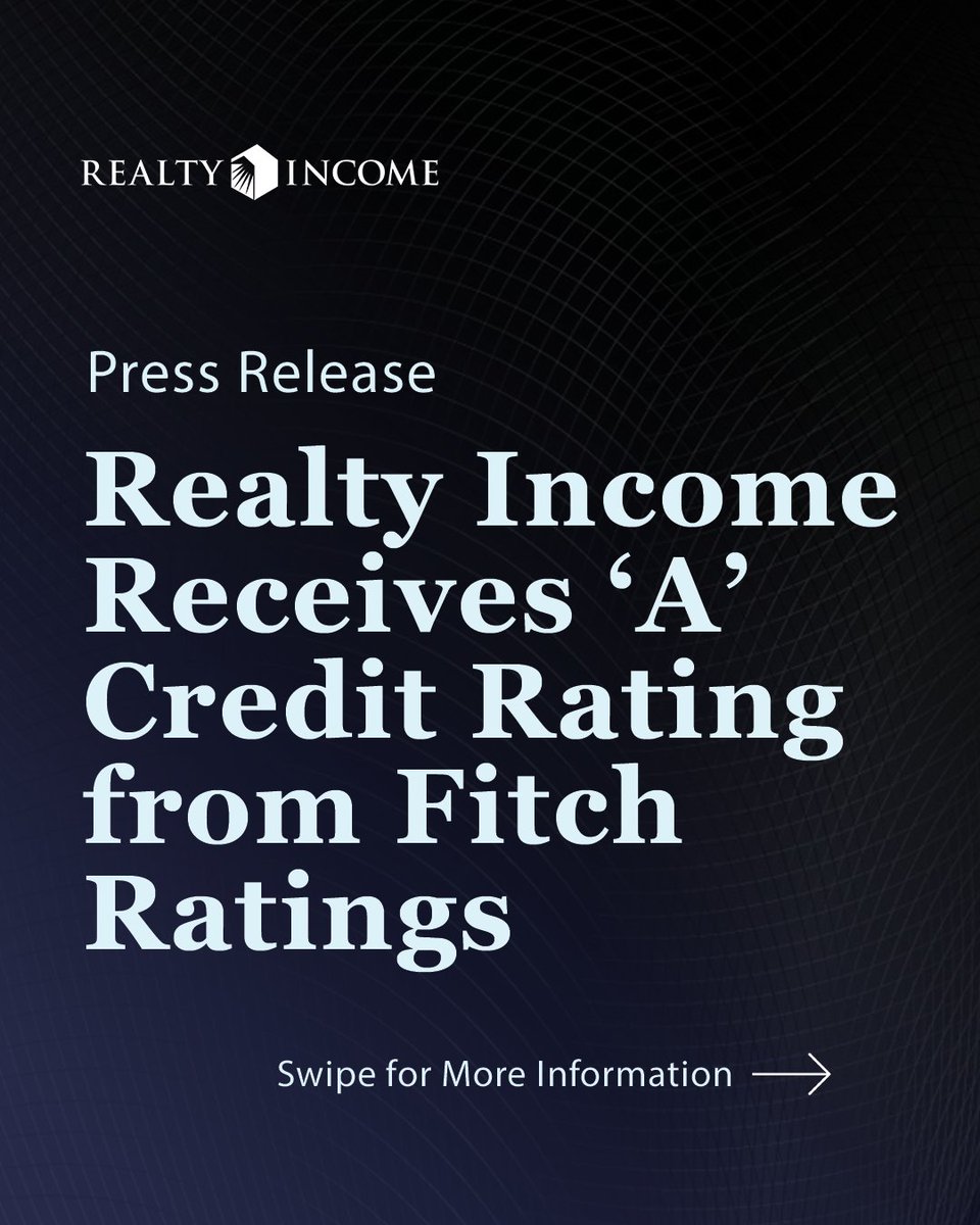 RealtyIncome's tweet photo. Realty Income announced that @FitchRatings has assigned the company a Long-Term Issuer Default Rating of ‘A’ with a Stable Outlook. As the first net lease REIT to achieve this distinction, it reflects the strength, scale, and durability of our platform. Read more: https://t.co/BYo3gp3UwV