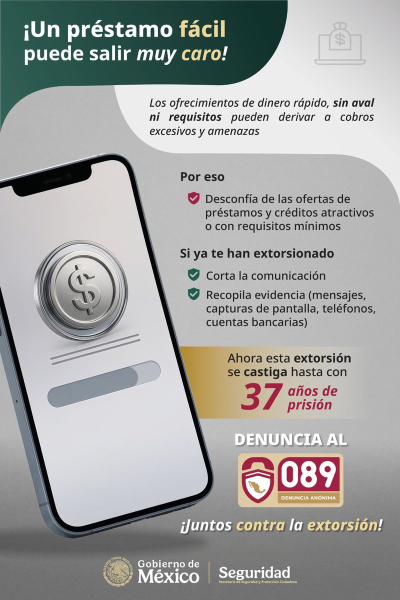 sspyuc's tweet photo. 💸 Desconfía de préstamos con requisitos mínimos o dinero inmediato.
Si intentan extorsionarte, denuncia al 089. https://t.co/7IlXgRyHcU