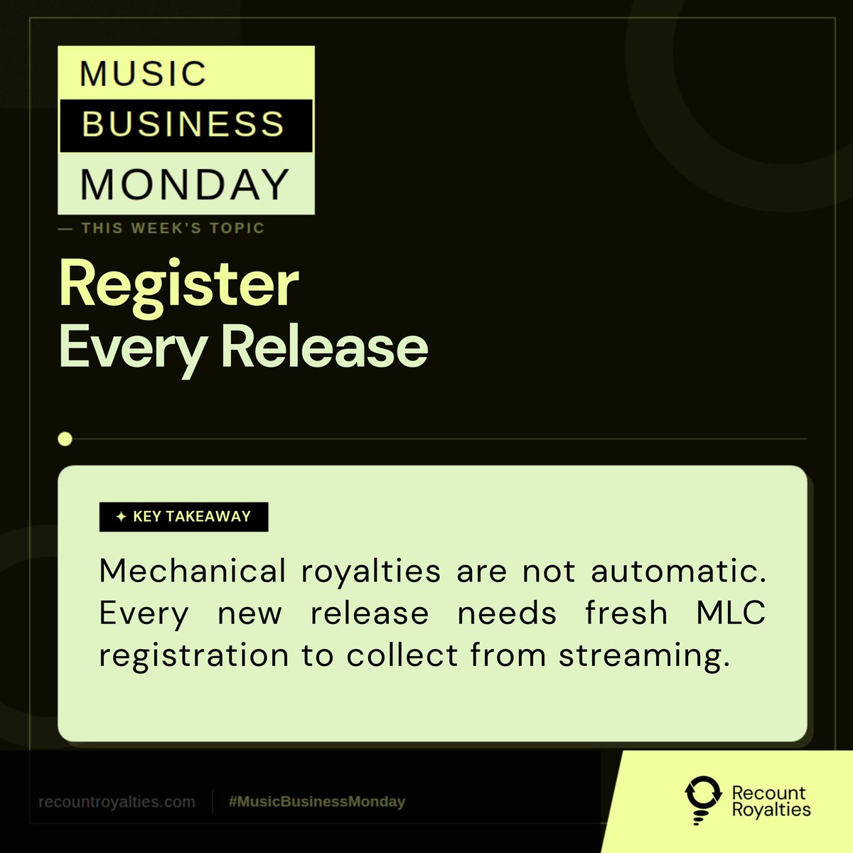 Recount_HQ's tweet photo. New releases need their own MLC registration or streaming mechanicals stay unclaimed. Register every track.

#finance #trending https://t.co/05YliY7WcH