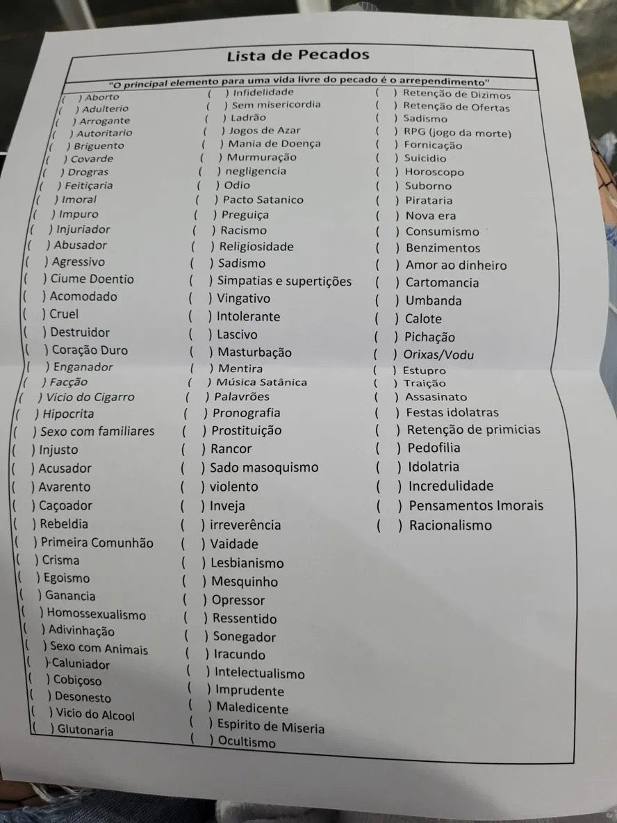 scorpvegas's tweet photo. Lista de pecados da igreja evangélica. Você iria pro céu? https://t.co/eQ2kLRP0IT