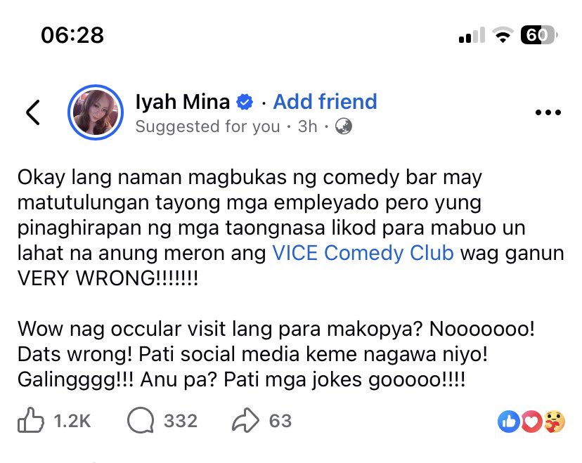 JEPAYduHOLSTEIN's tweet photo. Awwww! Iyah Mina, may shoutout sa nanggaya at nangopya sa Vice Comedy Club? 

As per comments, parang ito raw yung Wang Ising sa Davao DIUMANO!?! 

Kaloka yung nag occular pa sa VCC para mangopya bwahhahahhahahaha!!! 

James @AltIndayBadiday may alam ka ba? https://t.co/W0WLLIGh2H
