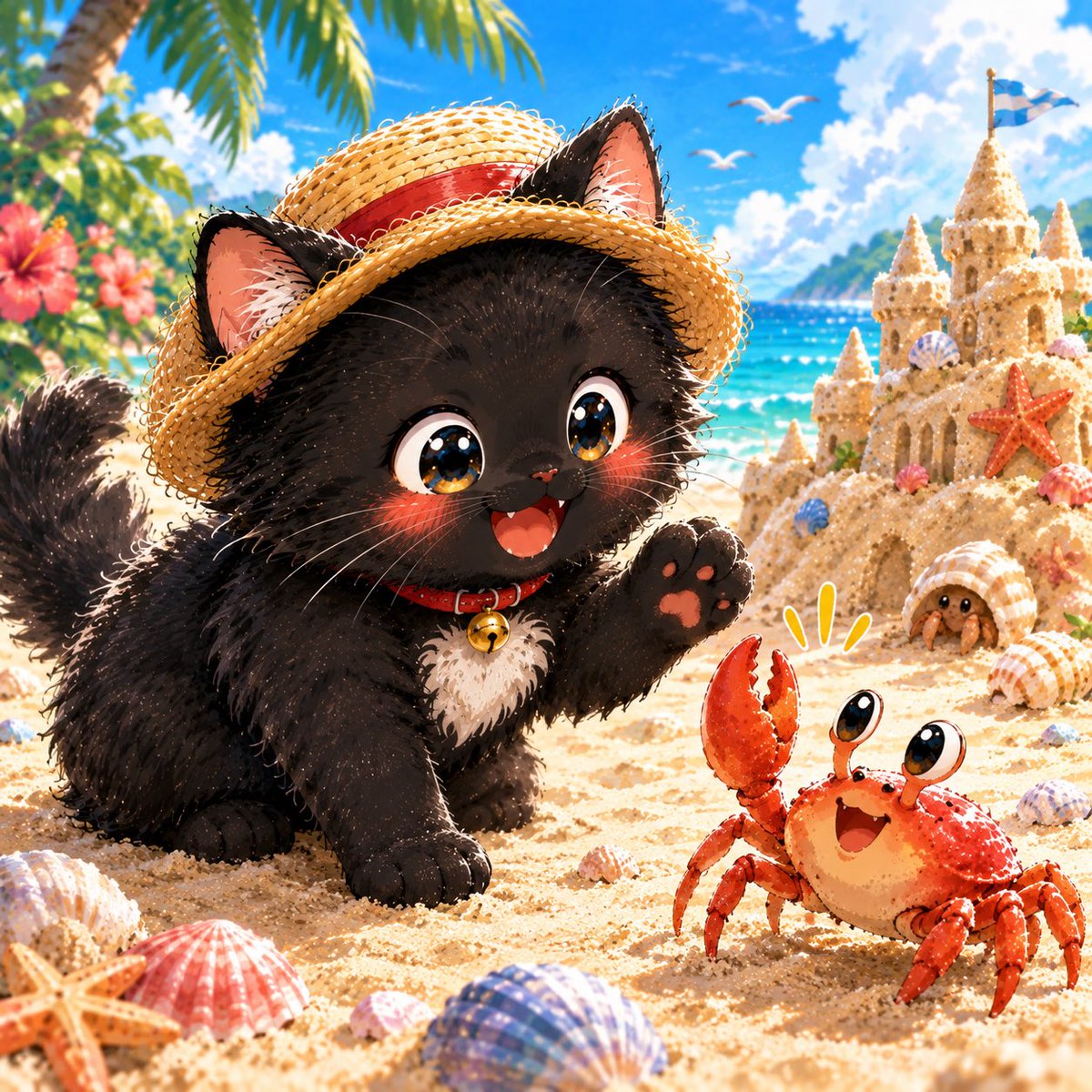 jun_blair_melon's tweet photo. おはにゃ〜🐈‍⬛ ☀️ 今日は海辺でお城づくりにゃ♪ カニさんとヤドカリさんが遊びに来てくれたにゃ🦀🐚 みんなも楽しい一日を過ごしてにゃ✨ 今日も元気にいくにゃ〜🐾

#クロの猫の手パワー #黒猫 #猫 #砂浜 #夏 #海 #イラスト #癒し https://t.co/eWS6jF3Gce