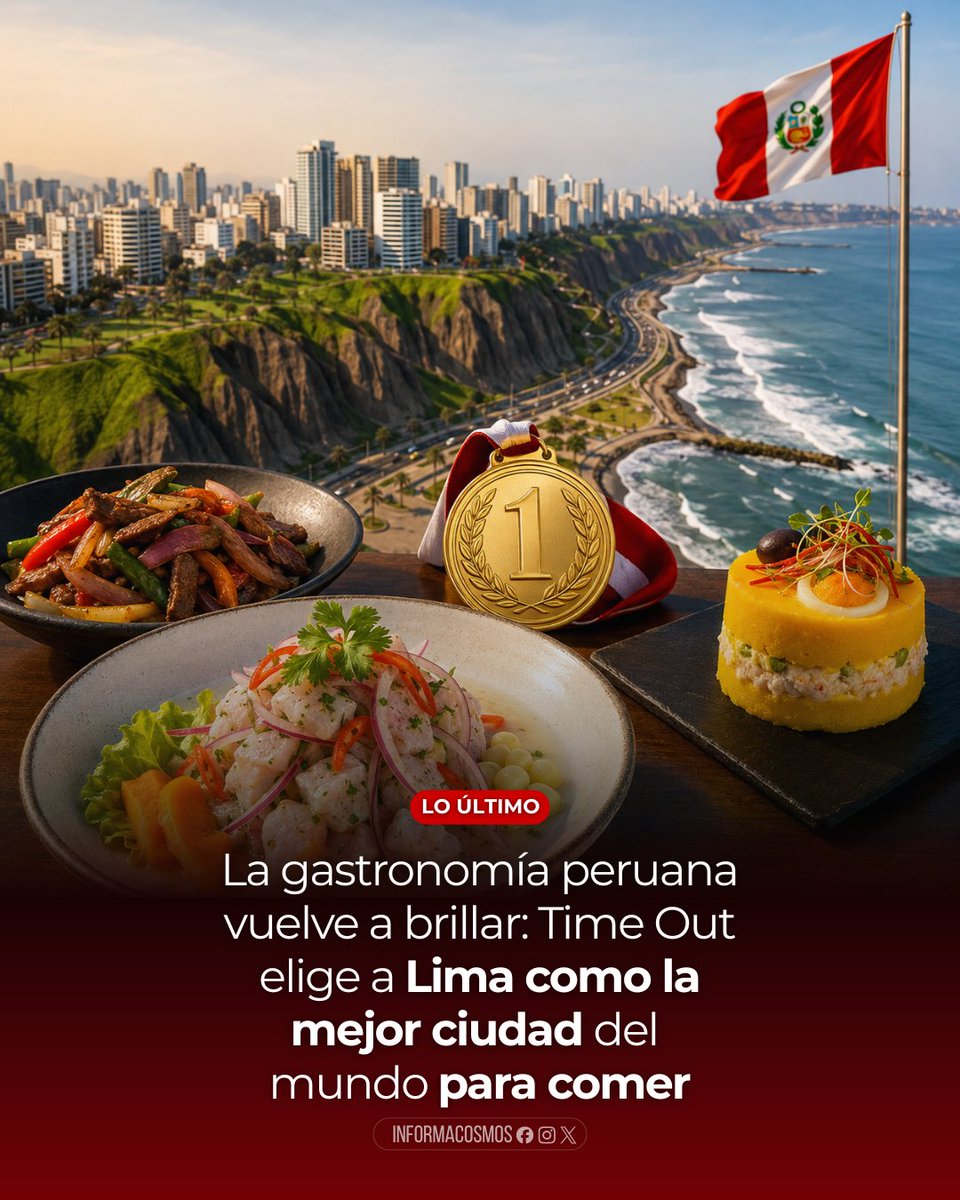 InformaCosmos's tweet photo. 🇵🇪 LO ÚLTIMO: La gastronomía peruana vuelve a brillar. Time Out eligió a Lima como la mejor ciudad del mundo para comer en 2026.

La capital peruana ocupó el primer lugar por delante de Bangkok, Ciudad de México, Londres y Barcelona. El ranking se elaboró con una encuesta a más de 24 000 residentes de 150 ciudades y la evaluación de expertos, editores y críticos gastronómicos.

Lima destacó por la calidad de su escena culinaria, la asequibilidad para comer fuera y una cultura gastronómica que combina ingredientes nativos peruanos con propuestas modernas. Time Out también resaltó la apertura constante de nuevos restaurantes y el prestigio de locales como Maido.

El reconocimiento consolida a Lima como una de las grandes capitales culinarias del mundo y refuerza el lugar de la gastronomía peruana como referente global.
