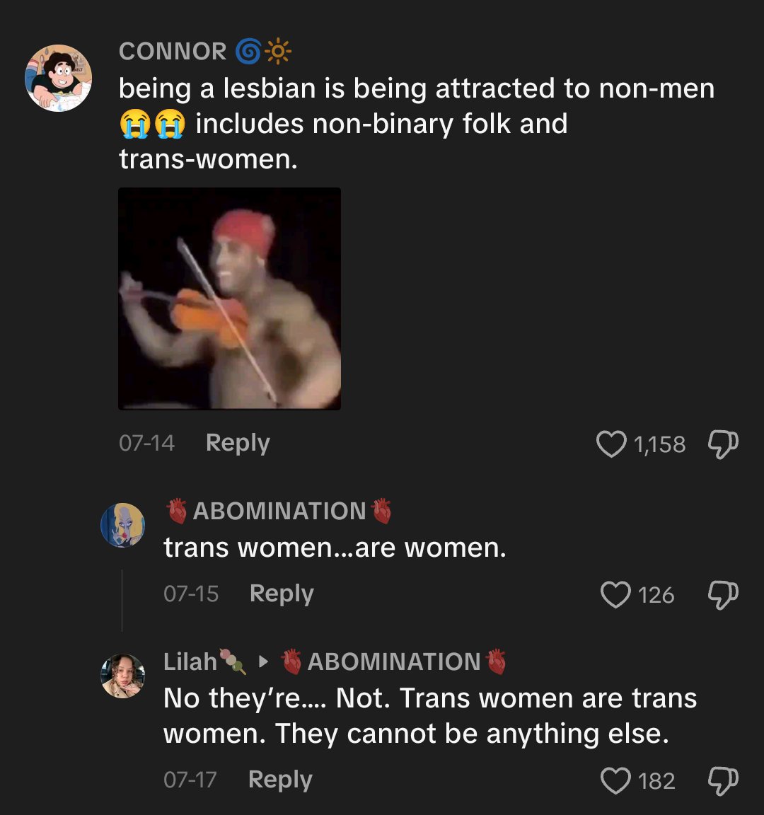 ashtraychan's tweet photo. looking under the replies of queer videos on tiktok should be some new kind of torture for trans women https://t.co/8Q3SyTYoz4