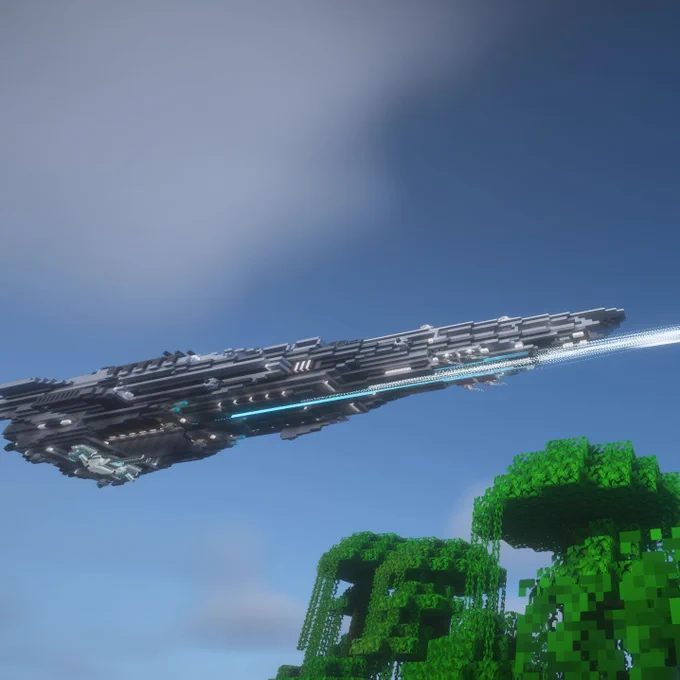 A Minecraft scene showing a large starship firing a rail gun over a jungle biome.
