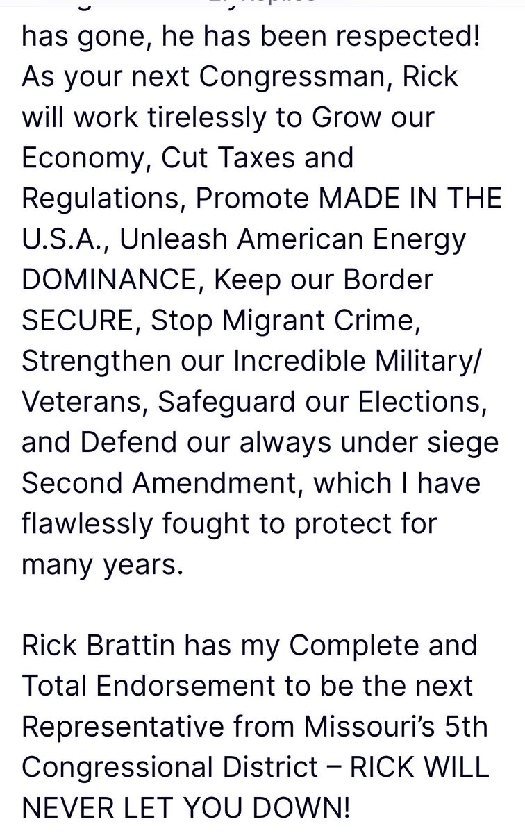 JamesMNHarris's tweet photo. 🚨America First Alert 🚨 President Trump endorses MAGA Marine @RickBrattin for Congress #MO05! https://t.co/LPYeEYKB8q