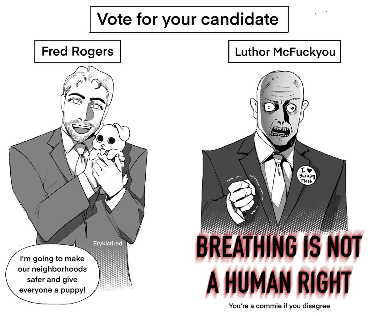 erykistired's tweet photo. (Parody) “I hate both candidates, but I’m gonna have to go with Luthor because honestly where is Fred gonna get the money for all those puppies” https://t.co/4vrq5Ewdli