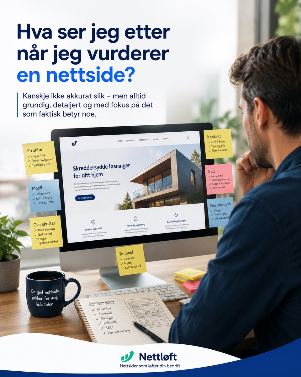 nettloft's tweet photo. Jeg jobber kanskje ikke med Post-it-lapper over hele skjermen, men gjennomgangen er grundig.
Jeg ser blant annet på struktur, mobilbruk, innhold, SEO, kontaktmuligheter og førsteinntrykk.
Send meg nettadressen dersom du ønsker en uforpliktende vurdering.
#nettside #SEO  #Nettløft https://t.co/UH4R3L07qW