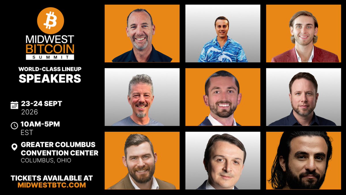MWBTCSummit's tweet photo. The Midwest Bitcoin Summit speaker lineup keeps growing.

We're excited to welcome Mike Cobb, Kyle Knight, Tim Niemeyer, Chris Ritter, Jonathan Kamps, Carlos Toriello, Jon Gordon, Ben Jarvie, and Brady Pugliese to the Midwest Bitcoin Summit speaker lineup.

Join us September 23–24 in Columbus, Ohio for two days of Bitcoin-focused conversations, networking, and education.

🎟️ Tickets: https://t.co/Xwf2FJWHss

#Bitcoin #MBS2026 #Columbus #Ohio