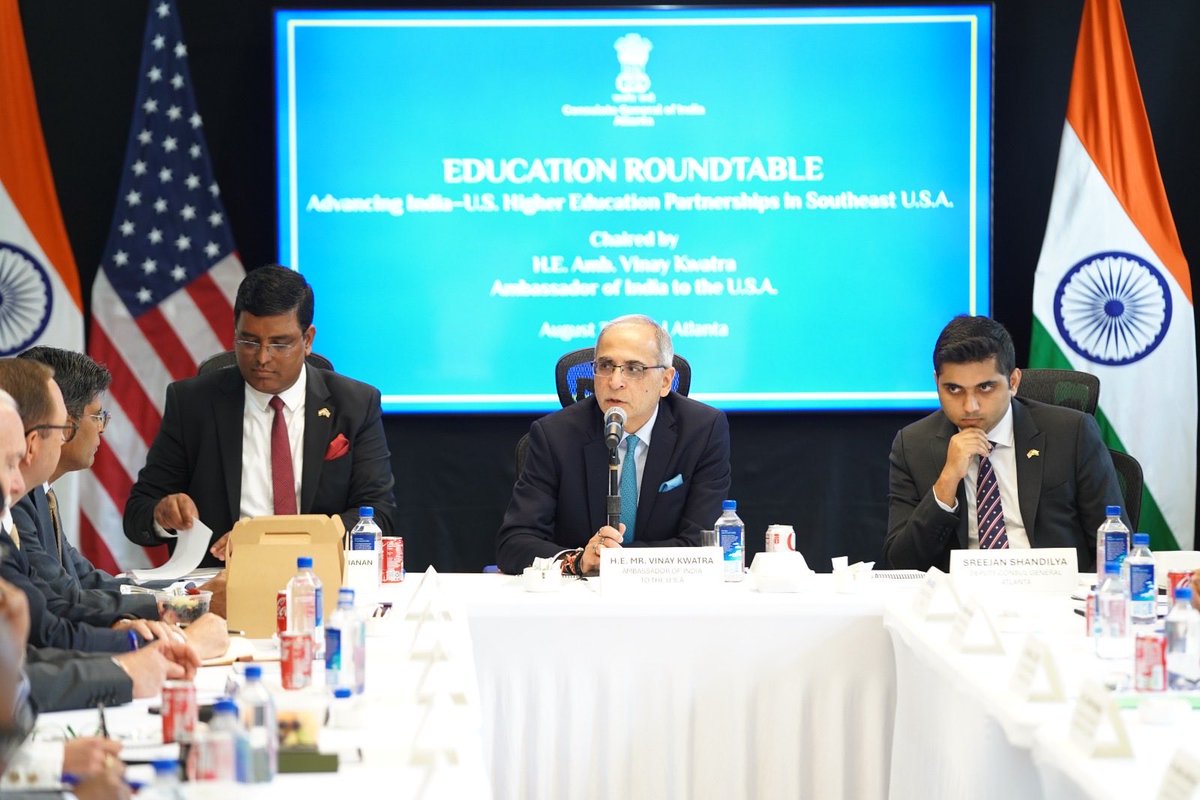 AmbVMKwatra's tweet photo. Pleased to join leaders from 20 universities across the southeastern U.S. at the India–U.S. Education Roundtable hosted by @CGI_Atlanta. Productive discussions on research partnerships, academic exchanges, innovation, and technology collaboration and opening of satellite campuses in India. As India and the United States invest in the future, education remains one of the strongest pillars of our strategic partnership.