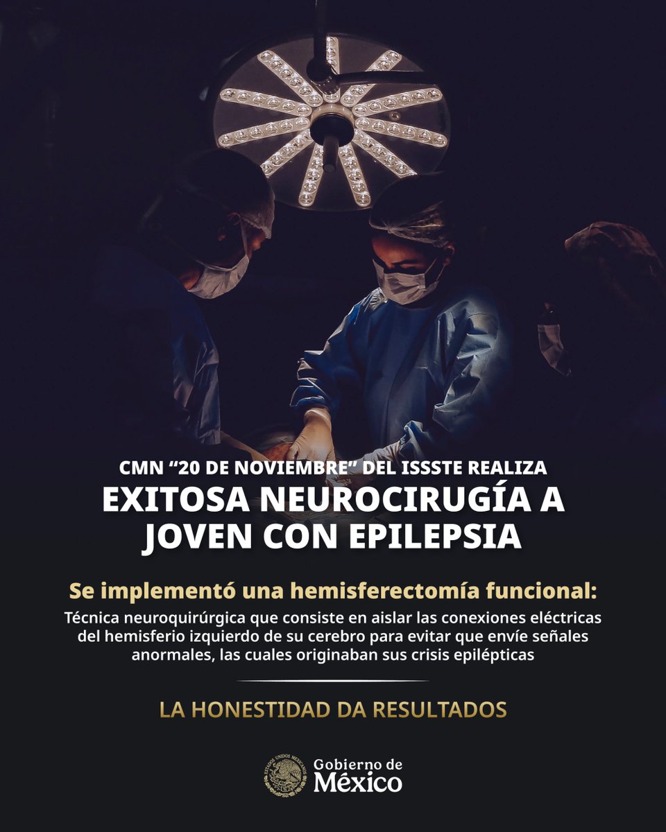 ISSSTE_mx's tweet photo. 🧠✨ ¡Una historia que refleja el compromiso del #ISSSTE con la salud y la vida!

Especialistas del Centro Médico Nacional "20 de Noviembre" realizaron con éxito una compleja neurocirugía que permitió a una joven de 18 años superar una epilepsia de difícil control. 💙

👩🏻‍⚕️👨🏻‍⚕️ Gracias al trabajo de un equipo multidisciplinario, se llevó a cabo una hemisferostomía funcional, un procedimiento de alta especialidad con una duración aproximada de ocho horas, mediante el cual se aislaron las conexiones eléctricas del hemisferio izquierdo del cerebro para detener las señales que provocaban las crisis epilépticas. ⚕️

Este tipo de cirugía puede brindar grandes beneficios, entre ellos:

🧠 Disminución significativa de las crisis epilépticas.
💙 Protección del hemisferio sano del cerebro.
📚 Mejor concentración, aprendizaje y lenguaje.
💊 Reducción del uso de medicamentos anticonvulsivos.
🏥 Menos hospitalizaciones y emergencias.
🌟 Mayor seguridad, independencia y calidad de vida.

#LaHonestidadDaResultados