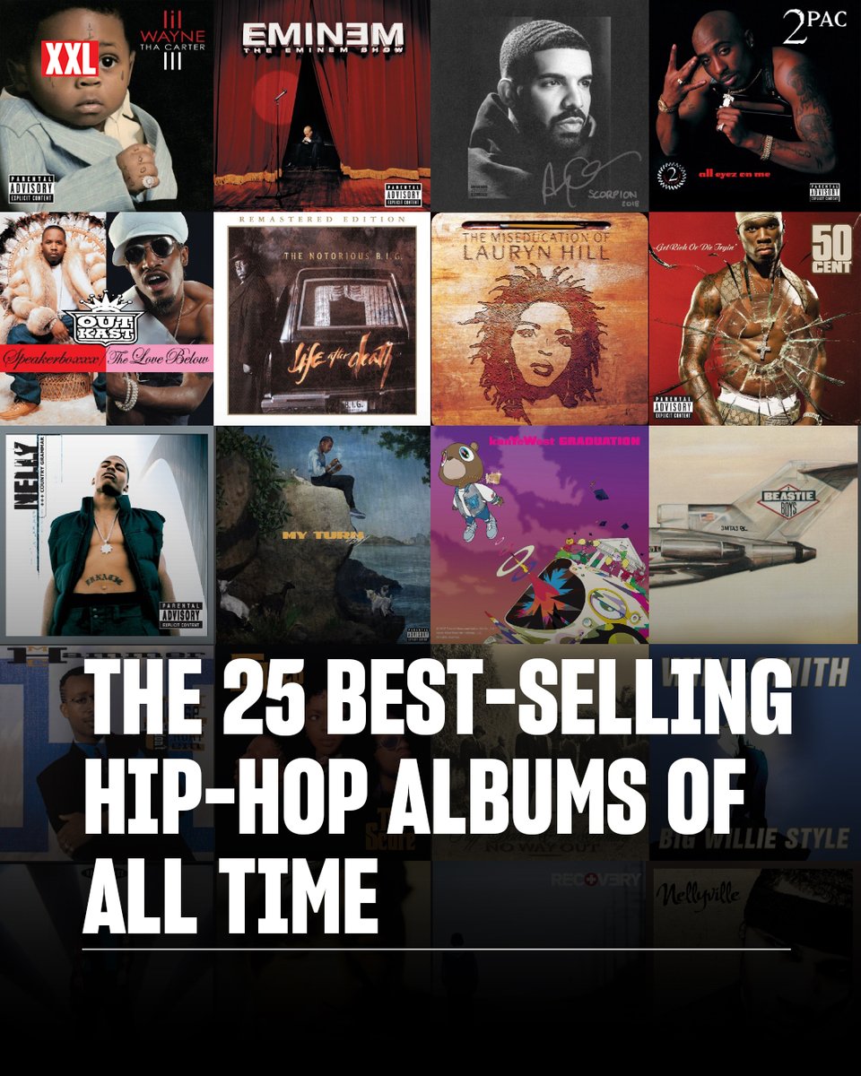 XXL's tweet photo. The 25 best-selling rap albums of all time include legendary classics, projects that might surprise you and major units from 50 Cent, Eminem, Ye, Drake and more.

See the entire thread of albums. 🧵 https://t.co/qEkn6wOnBz
