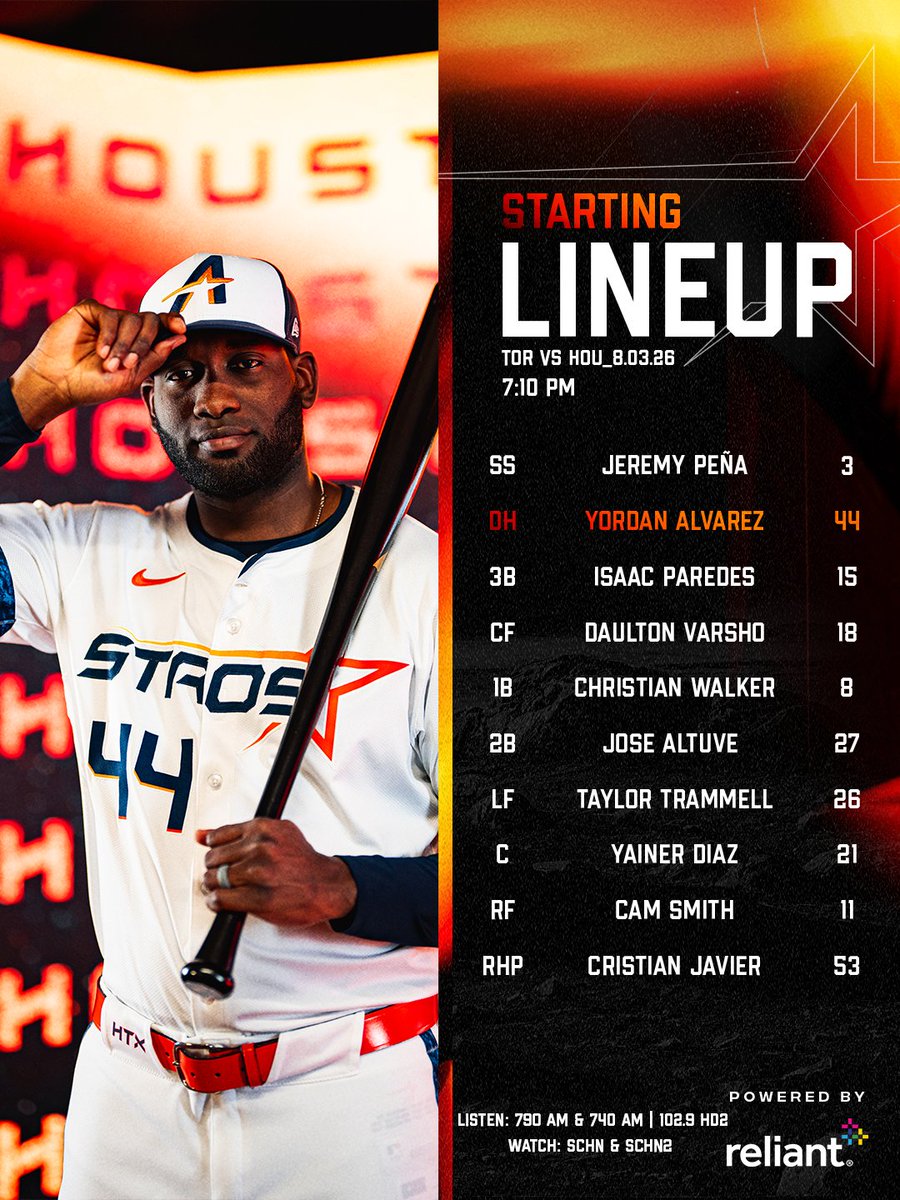 astros's tweet photo. Monday night baseball!

⚾️: 7:10 PM
🏟️: Closed
📺: @SpaceCityHN &amp; SCHN2
🎙️: @SportsTalk790 &amp; 740 AM | Spanish: 102.9 HD2

#TheNextFrontier x @reliantenergy https://t.co/wwLYUHal7v