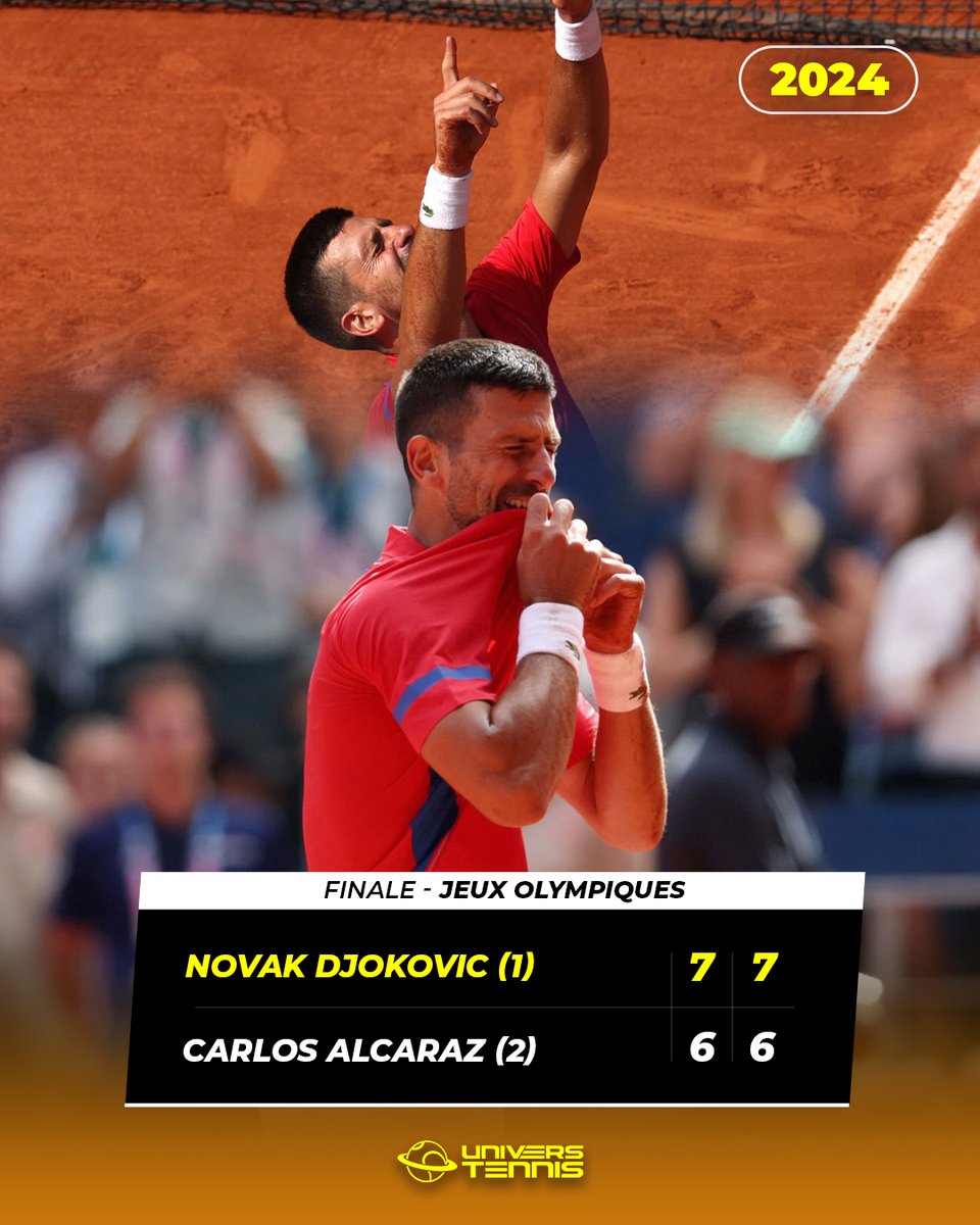 UniversTennis's tweet photo. 🗓️ IL Y A DEUX ANS JOUR POUR JOUR

Novak Djokovic finissait le jeu en battant Carlos Alcaraz en finale des JO de Paris après 2h50 d’un magnifique combat en deux sets pour décrocher le dernier titre qui lui manquait à 37 ans. 🔥🇷🇸

DANS LA LÉGENDE. ⭐️