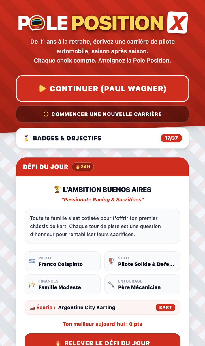 Polepositiion's tweet photo. 🏁 POLE POSITION est disponible.

Du Karting à la F1. Vos choix décident de tout : victoires, blessures, sponsors, rivaux, championnats.

Combien de titres vous décrocherez avant la retraite ?

https://t.co/KoKioKZRbM

#F1 #Formula1 #DestinyEleven #RacingGame https://t.co/HRNAoRdpqT