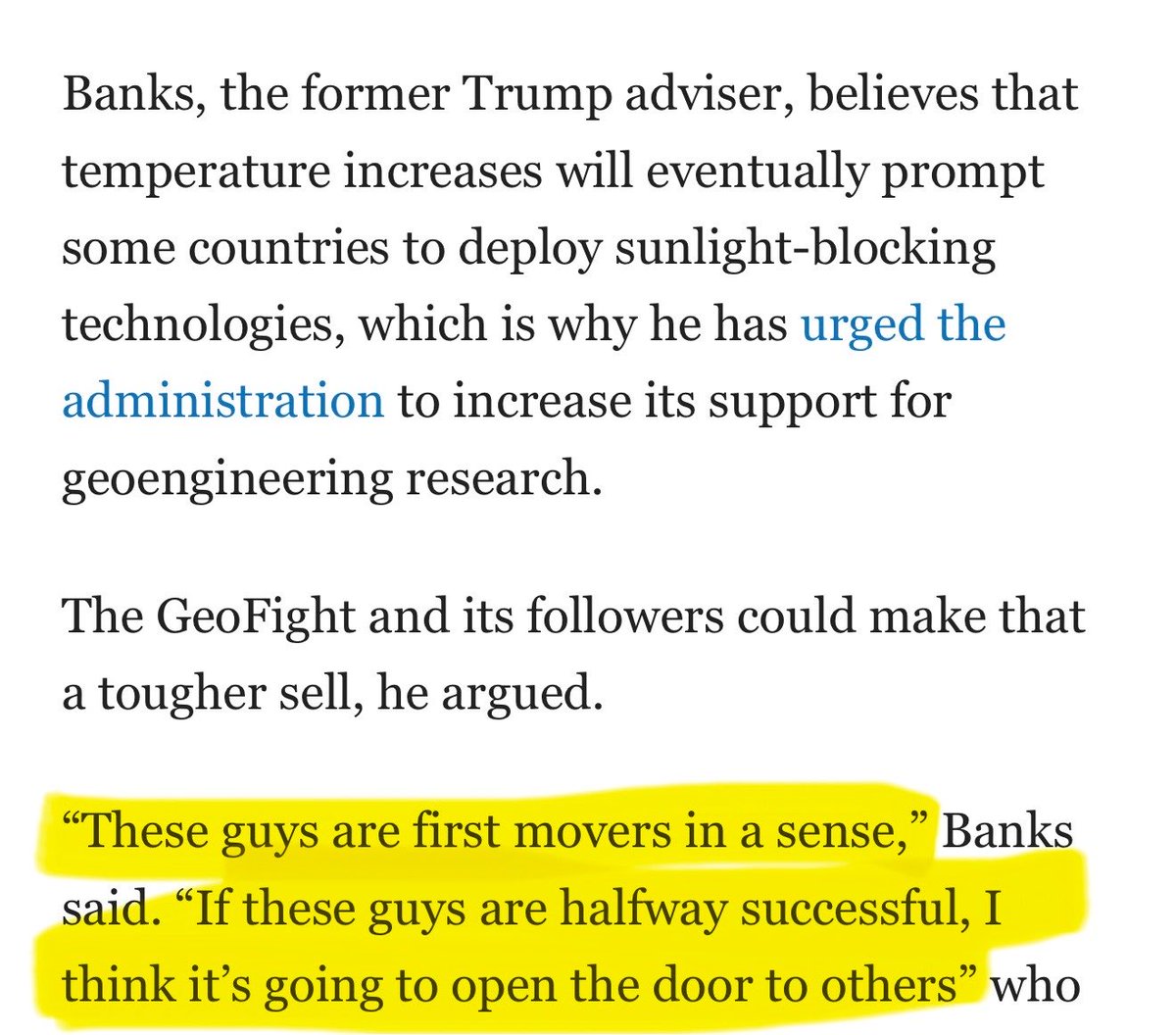 ReclaimOurSkies's tweet photo. 🥳Congratulations to @TheGeoFight_com for officially entering the big leagues. Politico just published a lengthy piece on their work, and while it leans hard into the usual “conspiracy theory” framing, the real story is hard to miss: they are now treated as a serious enough force that a former Trump advisor is publicly worrying about their impact on the White House.

The most revealing line comes from George David Banks, a former Trump energy advisor and open supporter of solar geoengineering research:

“These guys are first movers in a sense. If these guys are halfway successful, I think it’s going to open the door to others.”

That is not the language of dismissal. That is the language of someone who understands the ground is shifting. Banks expressed concern that the president could embrace the anti-geoengineering arguments of @TuckerCarlson  @mtgreenee and The GeoFight.

Politico frames their concerns as “unfounded assertions” and “deep suspicions among conspiracy theorists.” Yet the same federal agencies they cite have already acknowledged that aircraft emissions create man-made clouds that trap radiative heat, private companies in this space have raised tens of millions, lobbied Congress and open-air testing is moving forward.

What the article actually confirms is that The GeoFight is forcing a conversation many would prefer to keep closed. When the opposition starts warning that they might “open the door” for others, it means the Overton window is already shifting open.

And of course, like countless 501(c)(3)s, The GeoFight accept donations to fund litigation. It’s transparent, entirely standard, and shouldn’t even be part of the conversation. Meanwhile, Politico is a for-profit media company that sells advertising, sponsorships, and high-priced subscriptions.

The fight continues.