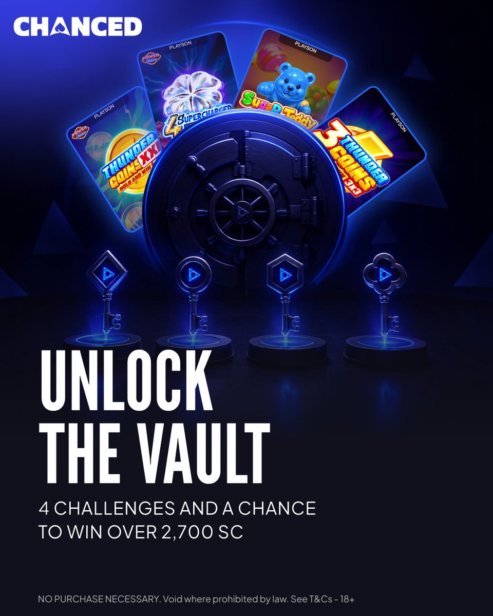 RealChanced's tweet photo. Do you have what it takes to unlock the vault? 👀 

For the next 4 weeks, our Playson Vault is LOCKED. Each week will present a new challenge for you to complete, earning rewards and collecting keys as you go 🗝️

Collect all 4 keys to unlock the vault and enter the Grand Prize drawing for a chance to win up to 2,000 SC! The clock starts... NOW ⌛

For full details: https://t.co/B3dBD3FPcD

Promotion ends 8/30 @ 11:59 PM PT. No purchase necessary, T&C apply. Must be 18+.