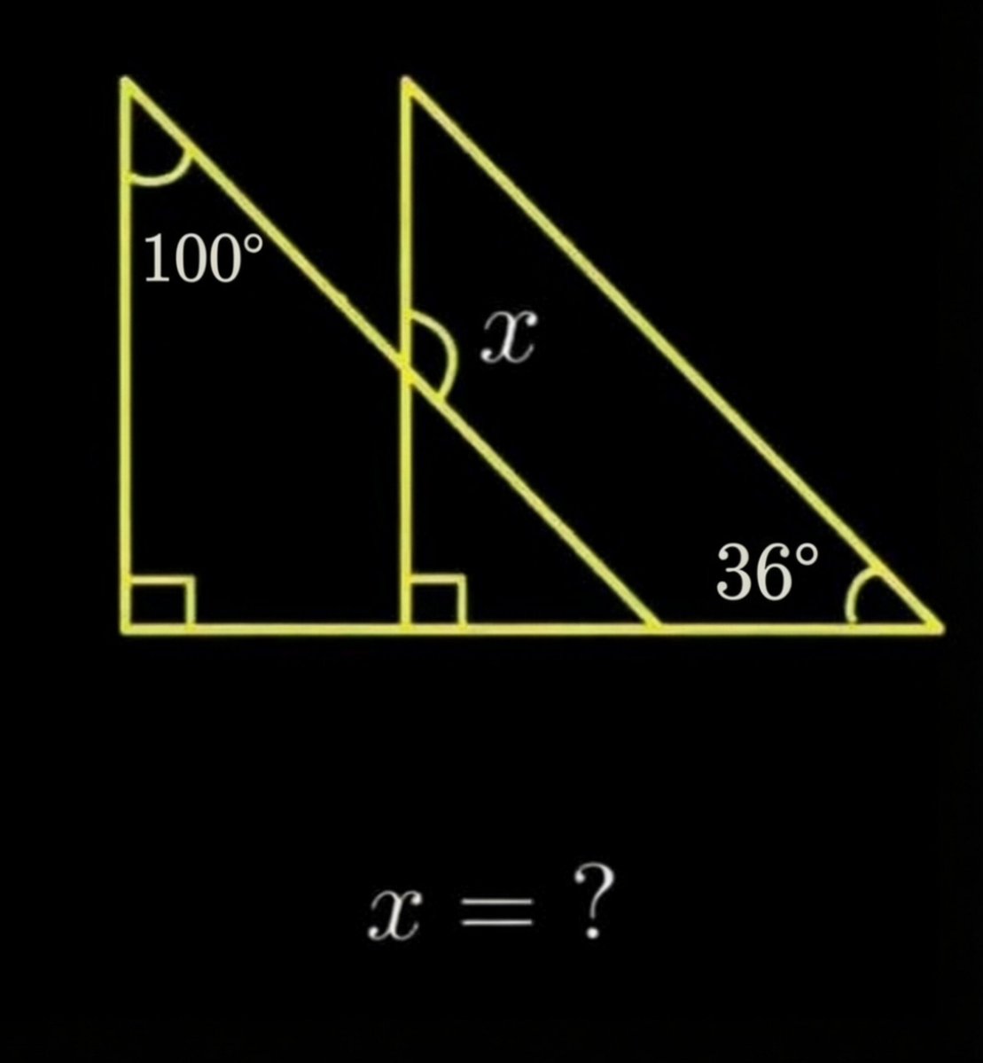 WydRayaanX's tweet photo. Think you’ve mastered angles?

Prove it by finding x. https://t.co/SvOSjRwxt2