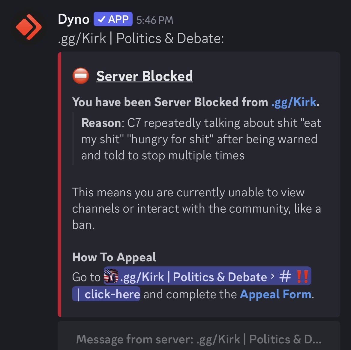 maixylsysan's tweet photo. I GOT BANNED FROM THE CHARLIE KIRK SERVER! https://t.co/33BwyOeU33