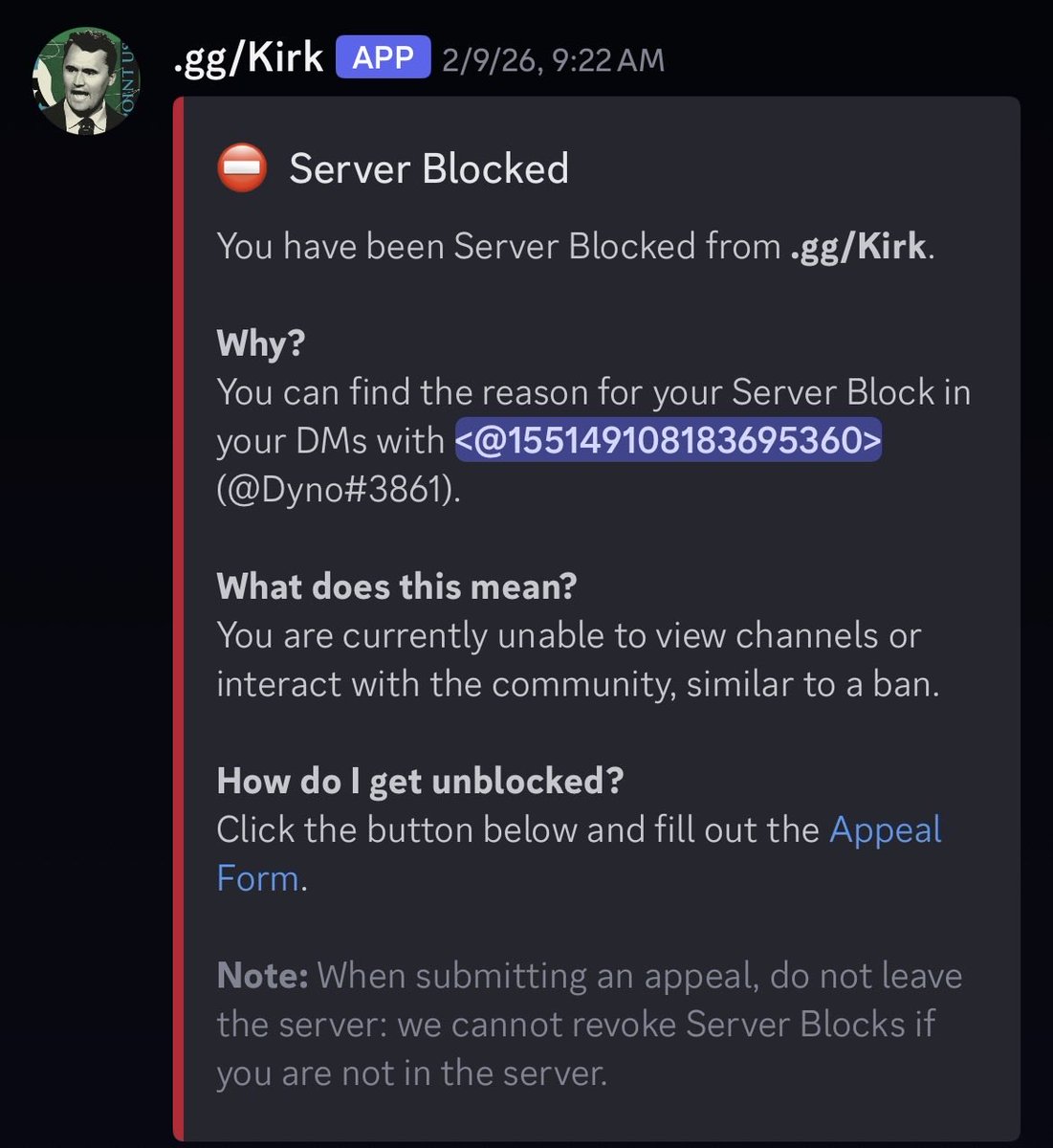 maixylsysan's tweet photo. I GOT BANNED FROM THE CHARLIE KIRK SERVER! https://t.co/33BwyOeU33