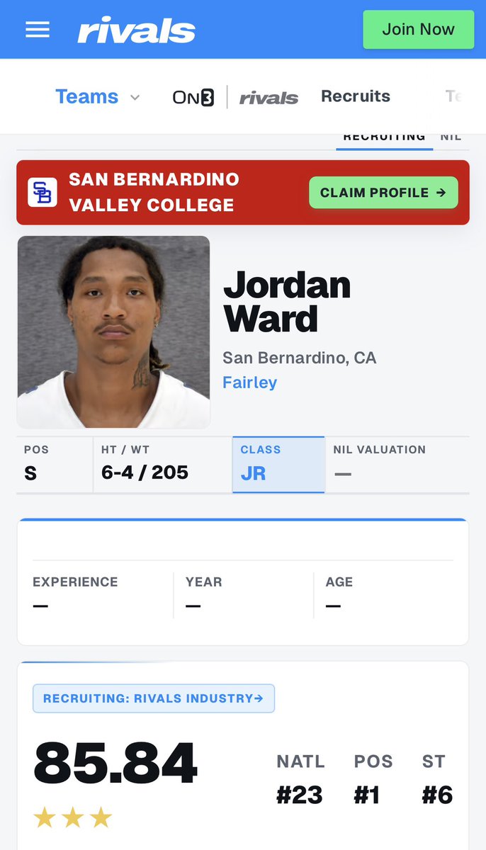 BigTicket06's tweet photo. Newly rated โญโญโญ & now ranked the No. 1 JUCO Safety on Rivals as well as 247! #staydown #ValleyUp @ChadSimmons_ @adamgorney @ONEWAYINC1 @SBVCFB @JalanSowell @CoachTroop3 @JUCOFFrenzy https://t.co/tTqZXqXKJC