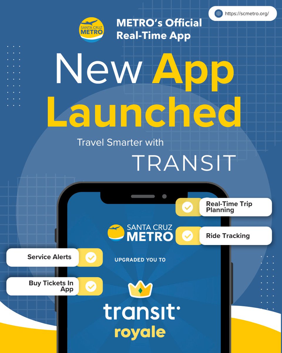 SantaCruzMETRO's tweet photo. Getting around Santa Cruz just got easier 📱 Use the Transit app for real-time arrivals, step-by-step directions, and a smoother ride with Santa Cruz METRO. 🚍✨ https://t.co/j8I9f3wEY6