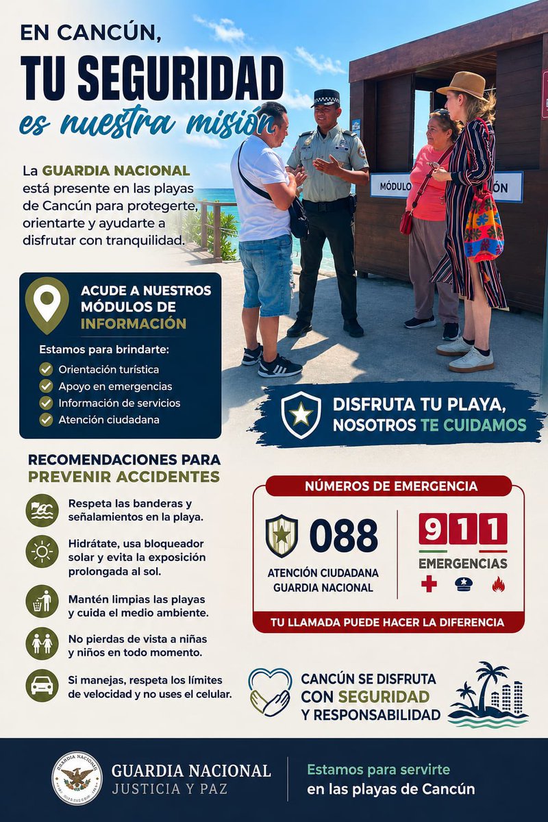 GNQRoo's tweet photo. La Guardia Nacional realiza actividades de proximidad social en zona de playas de Q. Roo. interactuando con visitantes para fortalecer la confianza, fomentando la cultura de la prevención y contribuir a que turístas y habitantes disfruten de espacios mas seguros. https://t.co/MOC60RYeNA