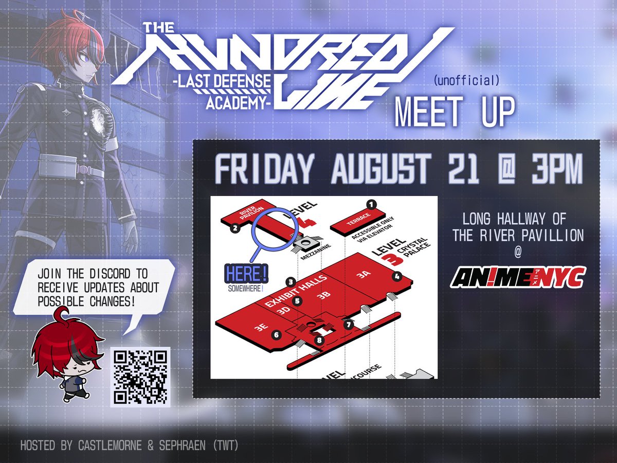 castlemorne's tweet photo. Surprise! @sephraen and I will be hosting TWO unofficial Hundred Line fan meetups at #ANYC2026!

↪️ Friday 8/21 - 3PM in the long hall of the River Pavilion
↪️ Saturday 8/22 - 3PM at Pier 76 at the Hudson River Park

Optional Discord 🔗 for updates below.

Sharing is appreciated! https://t.co/U2LMddqucS