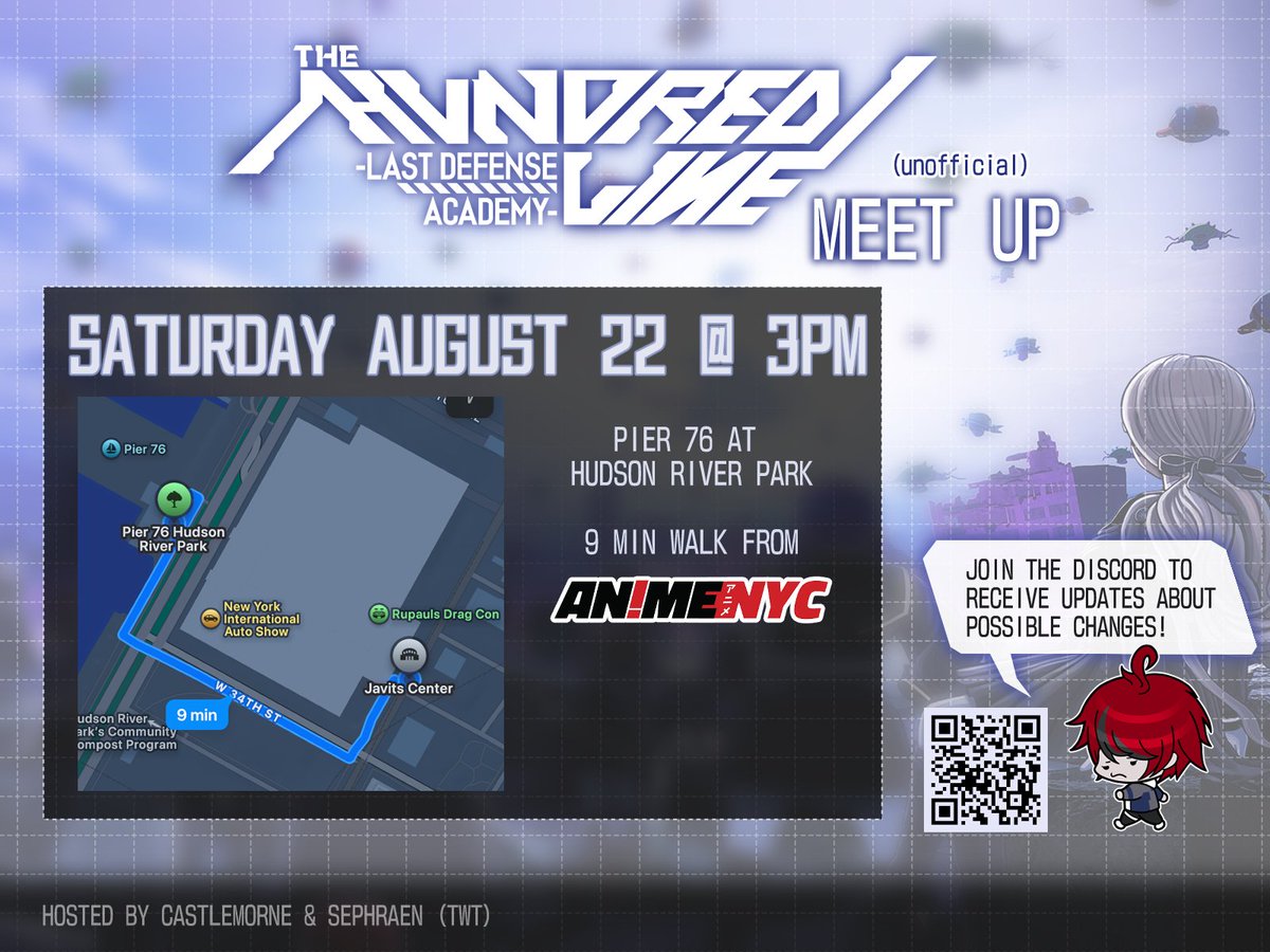castlemorne's tweet photo. Surprise! @sephraen and I will be hosting TWO unofficial Hundred Line fan meetups at #ANYC2026!

↪️ Friday 8/21 - 3PM in the long hall of the River Pavilion
↪️ Saturday 8/22 - 3PM at Pier 76 at the Hudson River Park

Optional Discord 🔗 for updates below.

Sharing is appreciated! https://t.co/U2LMddqucS