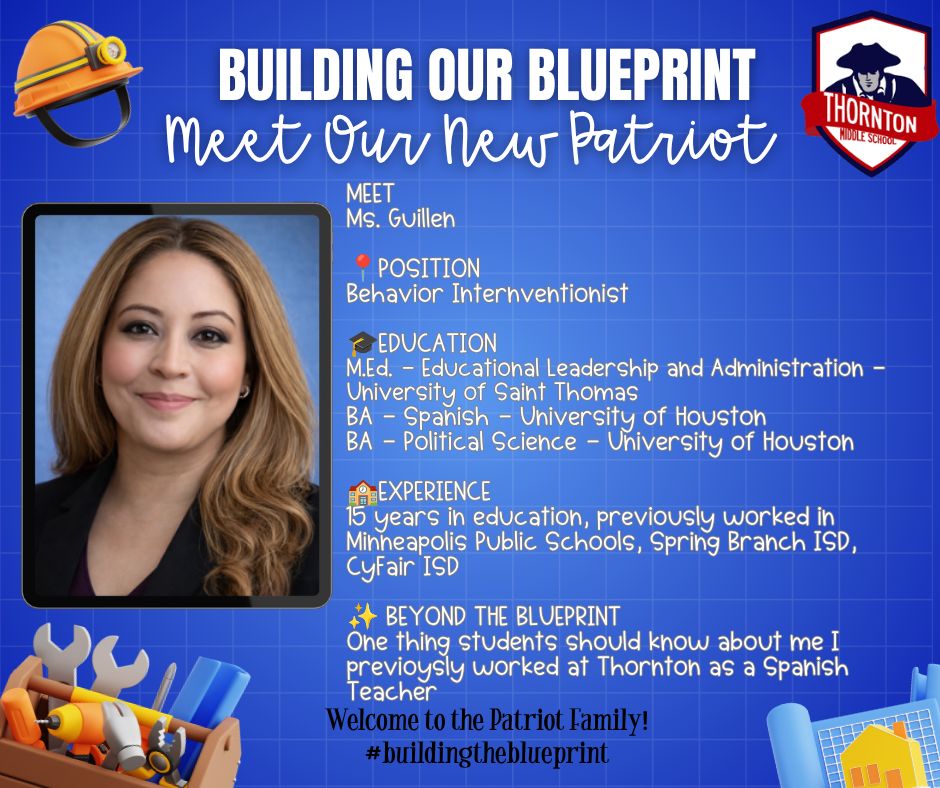 ThorntonCFISD's tweet photo. ❤️ BUILDING OUR BLUEPRINT 💙
Join us in welcoming Ms. Guillen, our new Behavior Interventionist, to the Patriot Family! 🏗️
#BuildingTheBlueprint #TMSPatriots #CFISD #ThorntonMiddleSchool https://t.co/JhzaO1GKeo