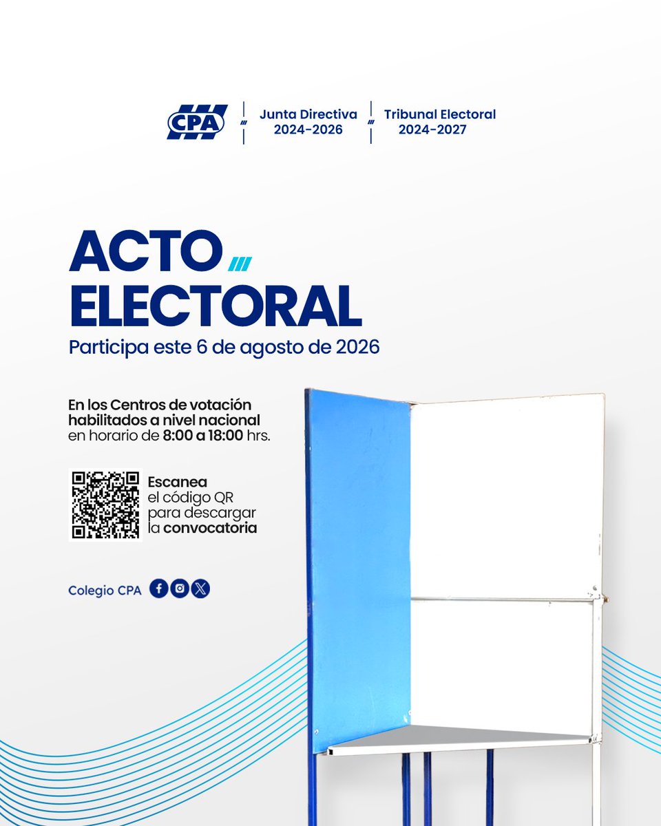 Colegio_CPA's tweet photo. 🗳️ Acto Electoral 2026

Hacemos una atenta invitación a todos los CPA de Guatemala, para que participen este 6/8/2026, 08:00 a 18:00 horas, a cualquiera de los centros de votación habilitados en todo el país.

#ColegioCPA #ActoElectoral #Guatemala https://t.co/K468qOkxfu