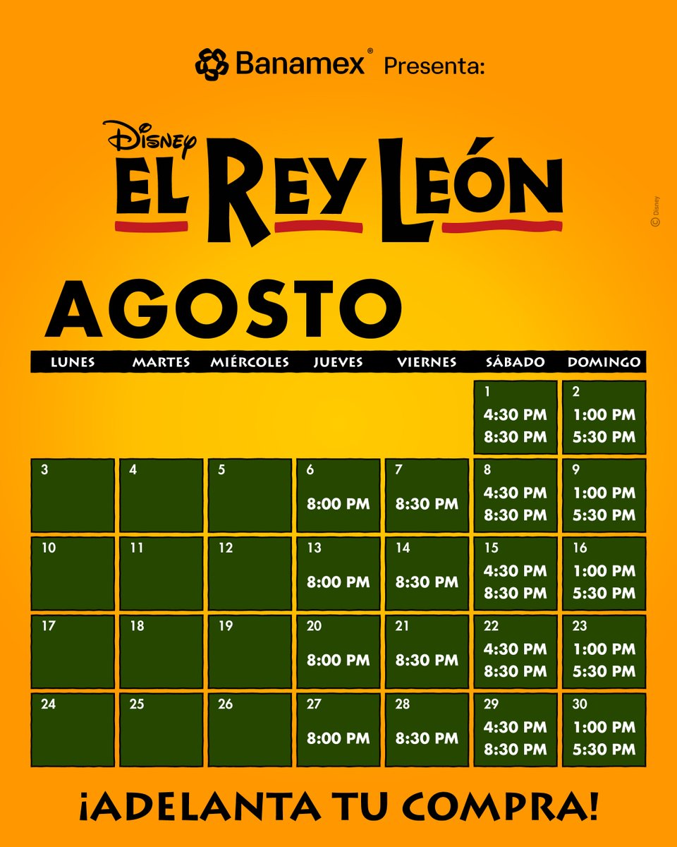 EscenarioOCESA's tweet photo. En agosto el Ciclo Vital continúa sobre el escenario. 🌅🌅🦁 ☀️

Elige tu función y vive la magia de El Rey León en el Teatro Telcel. 🎭☀️💛 https://t.co/AaTmyDMuiC