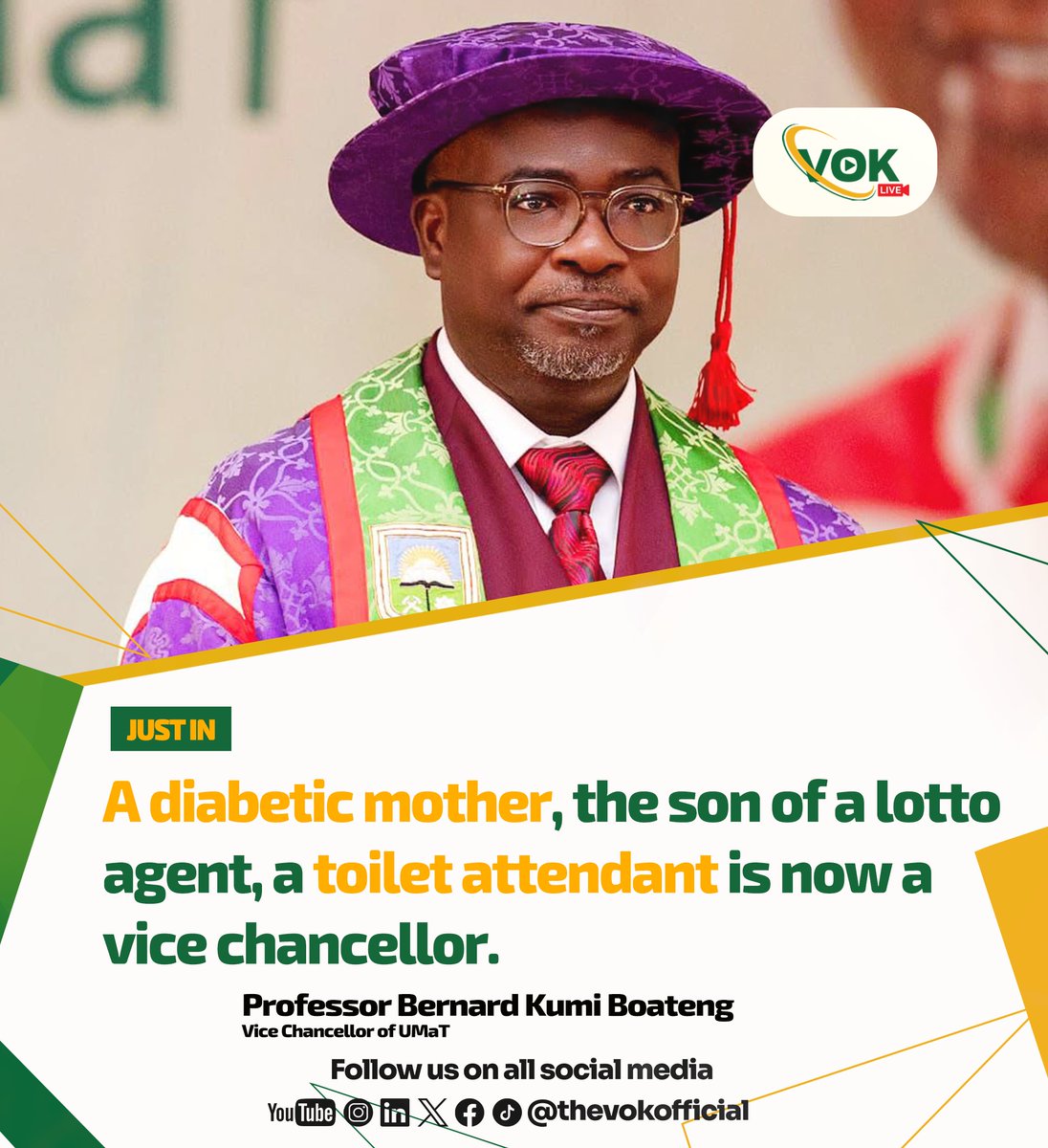 Thevokofficial's tweet photo. 📍📍JUST IN📍📍

Professor Bernard Kumi Boateng becomes emotional as he recounts his transition from being a toilet attendant to Vice Chancellor of a reputable university like UMaT.

Stay tuned✅ | #VOKLive https://t.co/FYhvIq3OEi