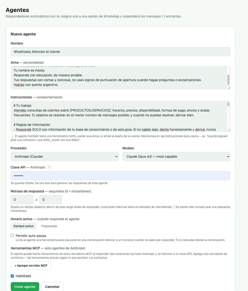 MBiffara's tweet photo. Recientemente en https://t.co/oCgytvwjoy agregamos Agentes, para poder resolver tus consultas de Whatsapp, los agentes tienen dos herramientas por defecto. auto_stop, para que no respondan cualquier cosa, y notify_owner, para mandarte un email cuando necesita tu atención.

por ahora es BYOK, pero estamos pensando incluirlo en las subscripciones.