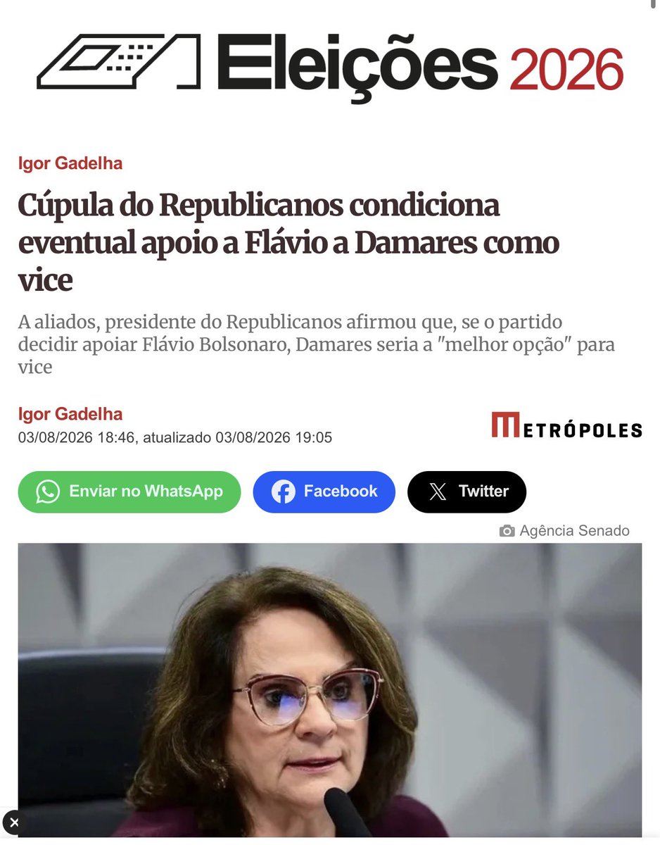 RoziSNews's tweet photo. Será?🤔
“A cúpula do Republicanos passou a condicionar o eventual apoio do partido a Flávio Bolsonaro (PL) na disputa ao Palácio do Planalto à indicação da senadora
Damares Alves (DF) como candidata a vice.”
Metrópoles https://t.co/YKlLA2jlyr