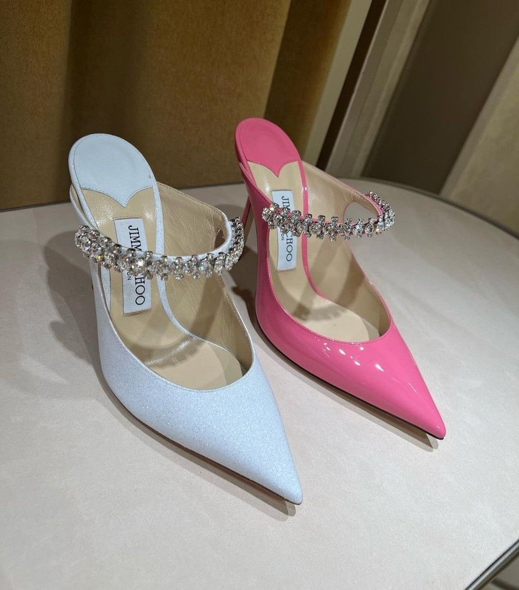 Mimiboards's tweet photo. Jimmy Choo Bing patent leather crystal-embellished mules in lilac and bubblegum pink. 💜🩷🩵 https://t.co/kFaE3KgiO9